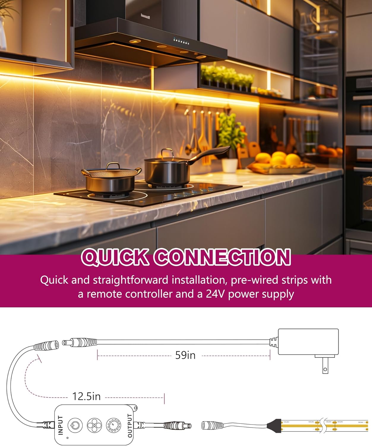 COB LED Strip Lights Kit 2700K-5000K with Remote & 24V Power Supply, 16.4ft, High Density 2400LEDs, 300+LM/FT, CRI90+, UL Listed