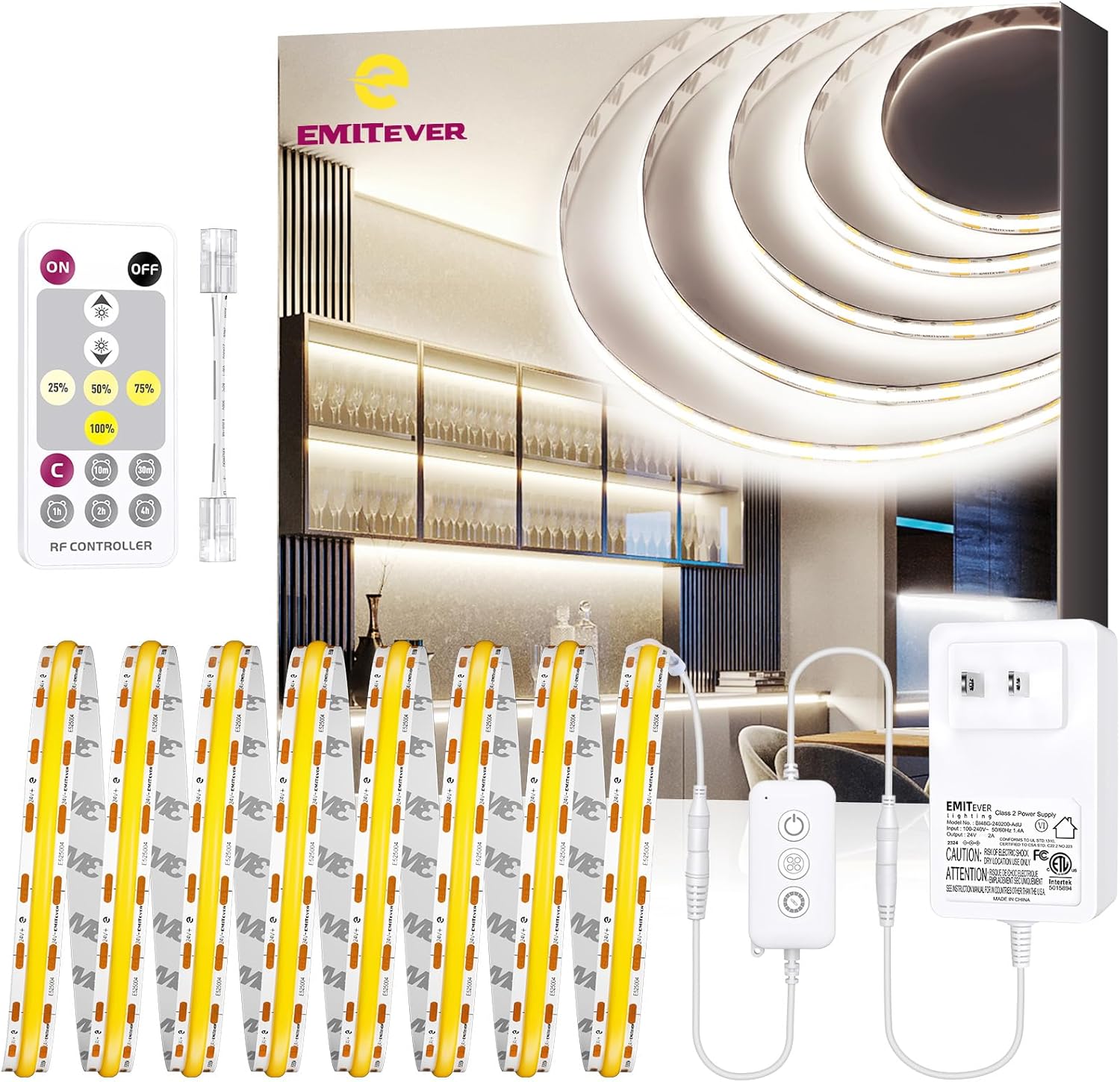 COB LED Strip Lights Kit 2700K-5000K with Remote & 24V Power Supply, 16.4ft, High Density 2400LEDs, 300+LM/FT, CRI90+, UL Listed
