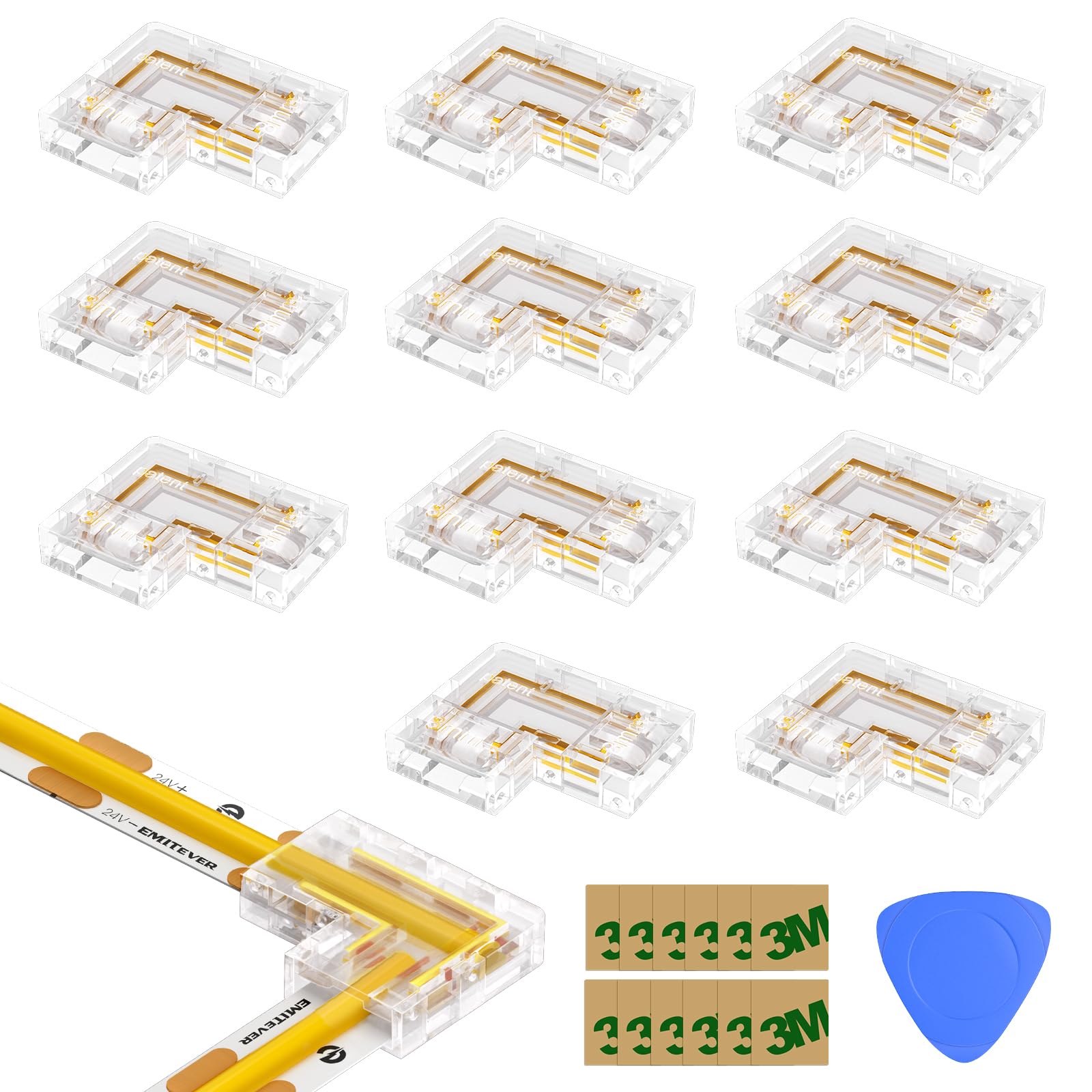 L-Shaped LED Strip Light Connectors (8mm/10mm, Snap-on & Threaded Screw Options) 12pcs, for 2-Pin COB/SMD LED Strip Lights 5V, 12V, 24V, 48V