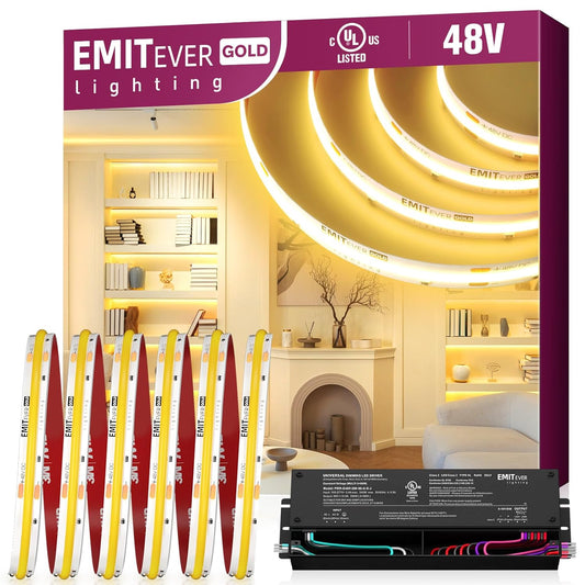 EMITEVER 48V DC COB LED Strip Lights Warm White, 3000K 32.8ft High Density Tape Light,300Lm/ft, 4500LEDs, Ra 90+, UL Listed+48V DC 288W 5 in 1 Dimmable LED Driver