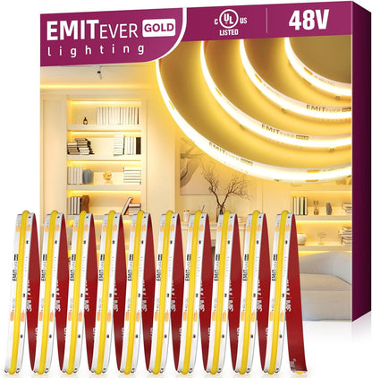 EMITEVER 48V DC COB LED Strip Light Soft White, 3000K 32.8ft High Density Strip Light, Dimmable, 300Lm/ft, 4500LEDs, Ra 90+, UL Listed