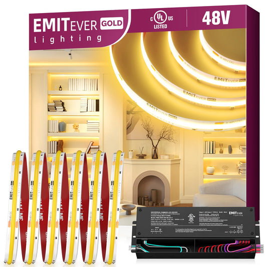 EMITEVER 48V DC COB LED Strip Lights Warm White, 3000K 32.8ft High Density Tape Light,300Lm/ft, 4500LEDs, Ra 90+, UL Listed+48V DC 384W 5 in 1 Dimmable LED Driver