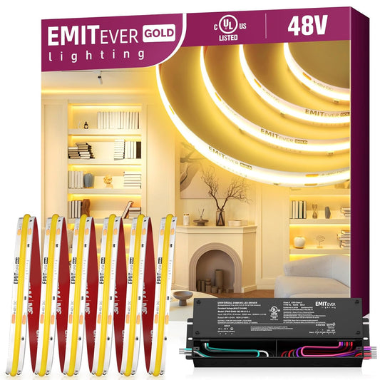 EMITEVER 48V DC COB LED Strip Lights Warm White, 3000K 32.8ft High Density Tape Light,300Lm/ft, 4500LEDs, Ra 90+, UL Listed+48V DC 192W 5 in 1 Dimmable LED Driver