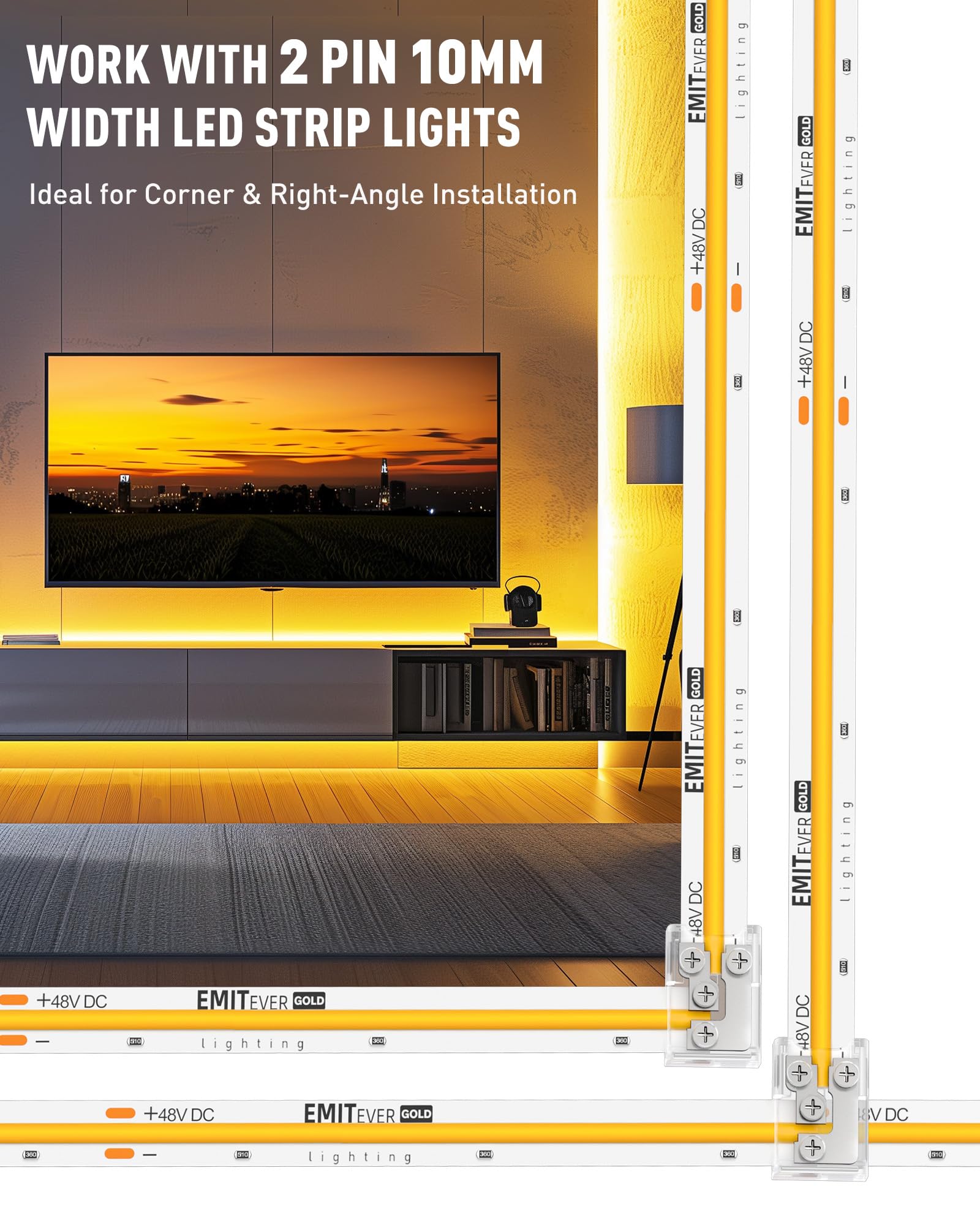 L-Shaped LED Strip Light Connectors (8mm/10mm, Snap-on & Threaded Screw Options) 12pcs, for 2-Pin COB/SMD LED Strip Lights 5V, 12V, 24V, 48V