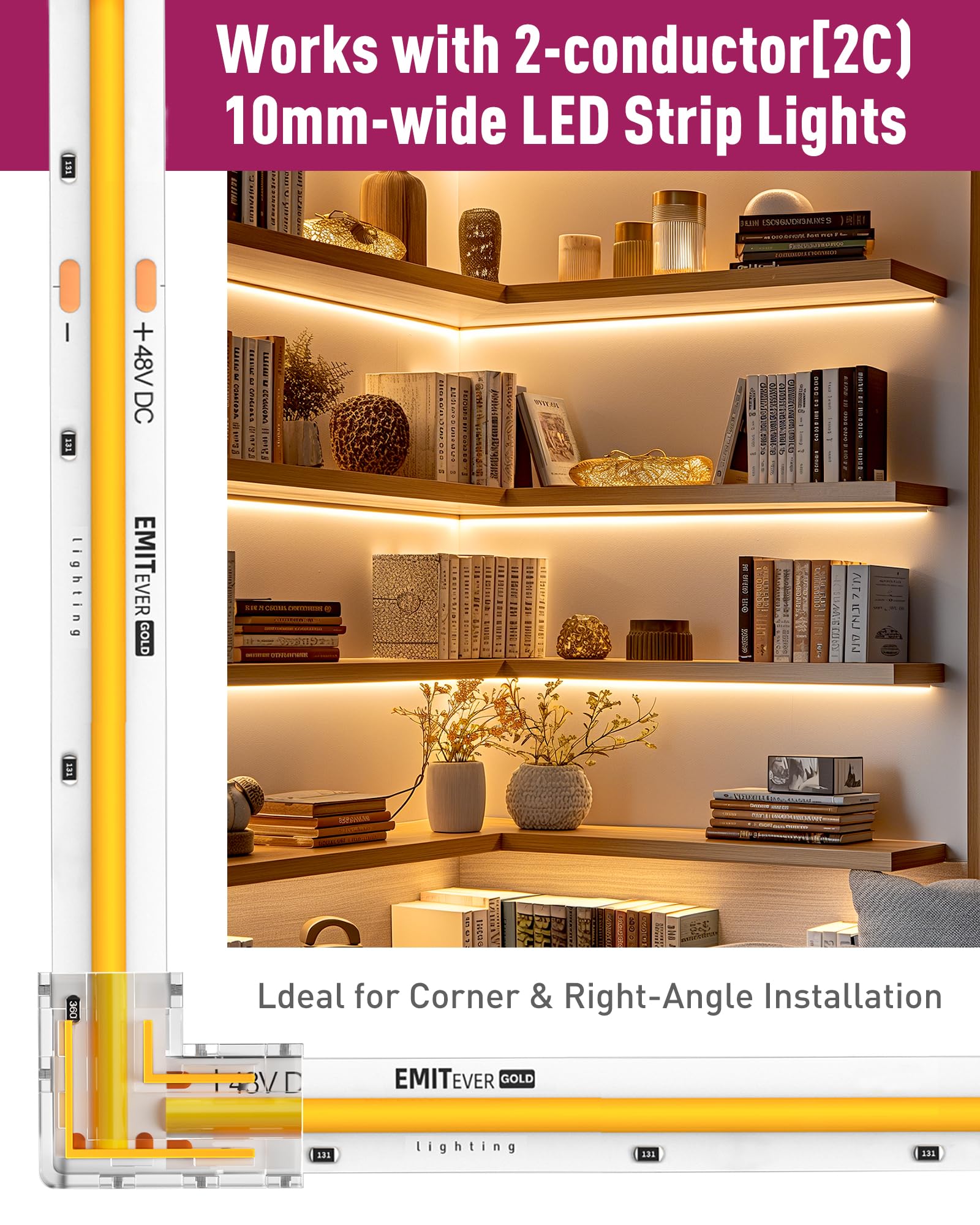 L-Shaped LED Strip Light Connectors (8mm/10mm, Snap-on & Threaded Screw Options) 12pcs, for 2-Pin COB/SMD LED Strip Lights 5V, 12V, 24V, 48V