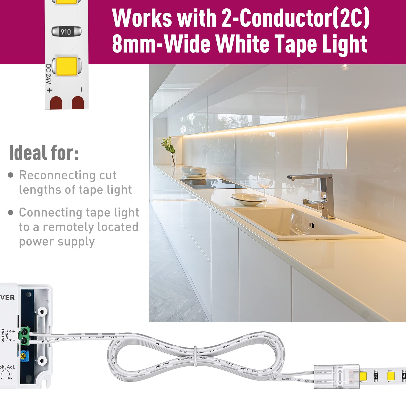 Emitever LED Strip Light Connector, 3 Packs, Tape Light Extension Connector for 8mm Width LED Strip Lights Emitever