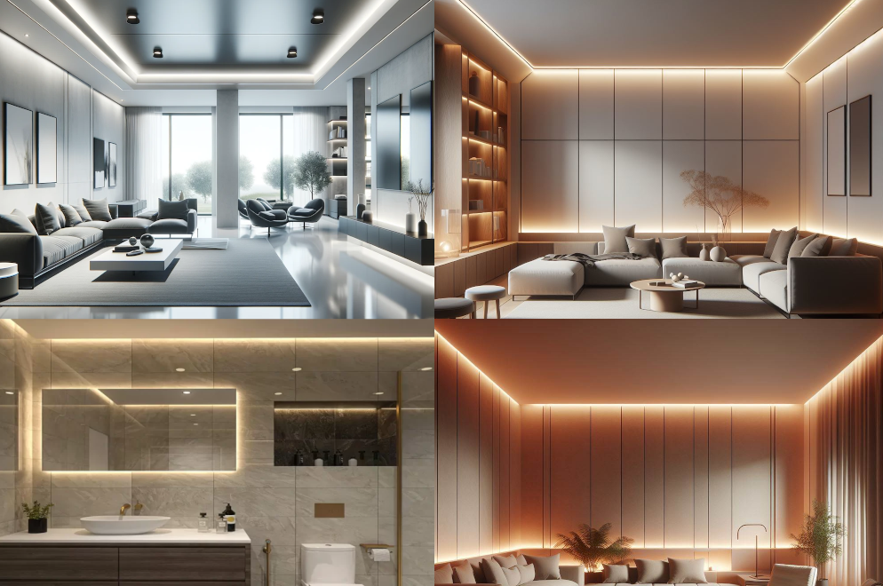 LED strip lighting on different living rooms and restrooms. 