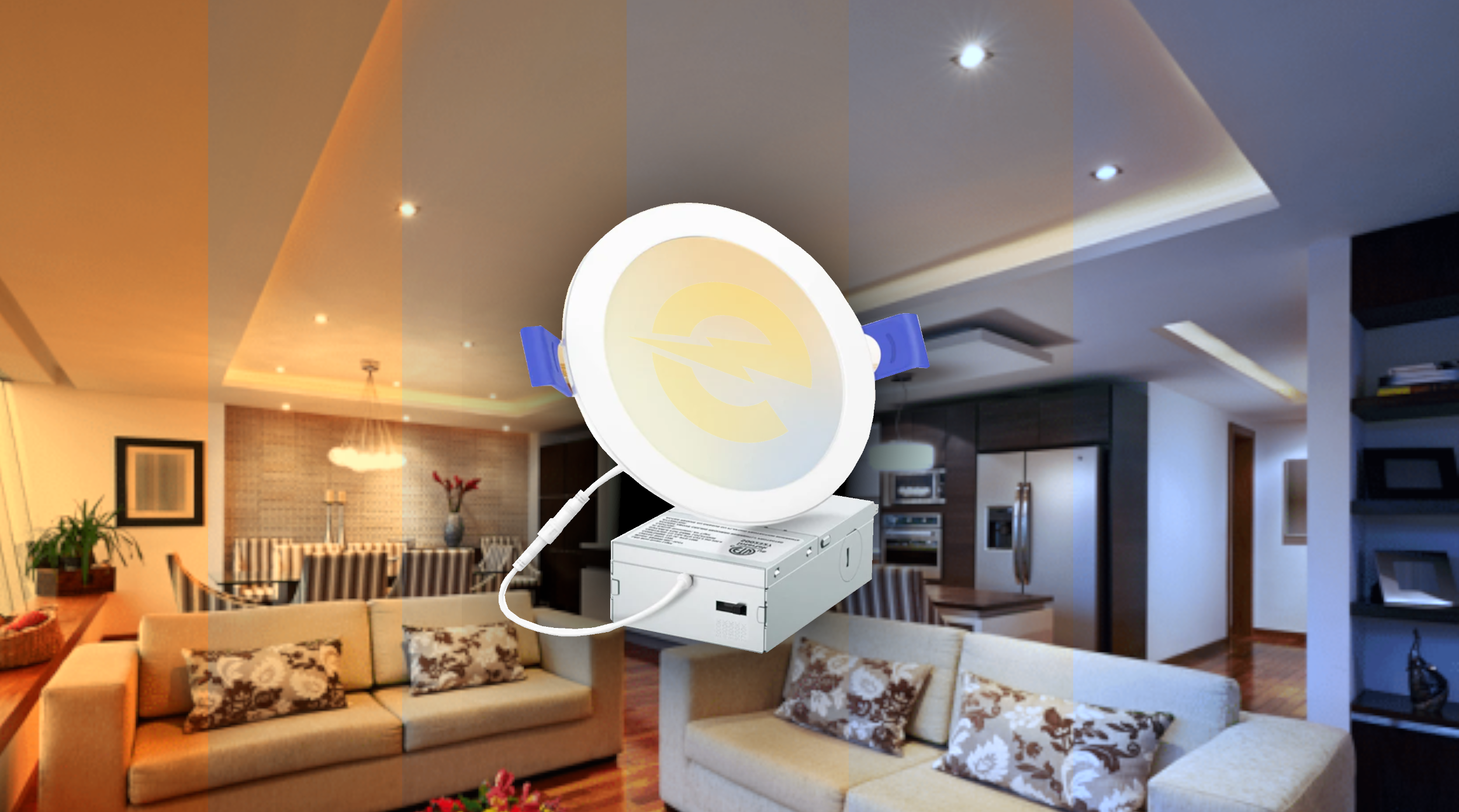 LED reccessed lights from emitever showing the different color temperatures available within the light fixture