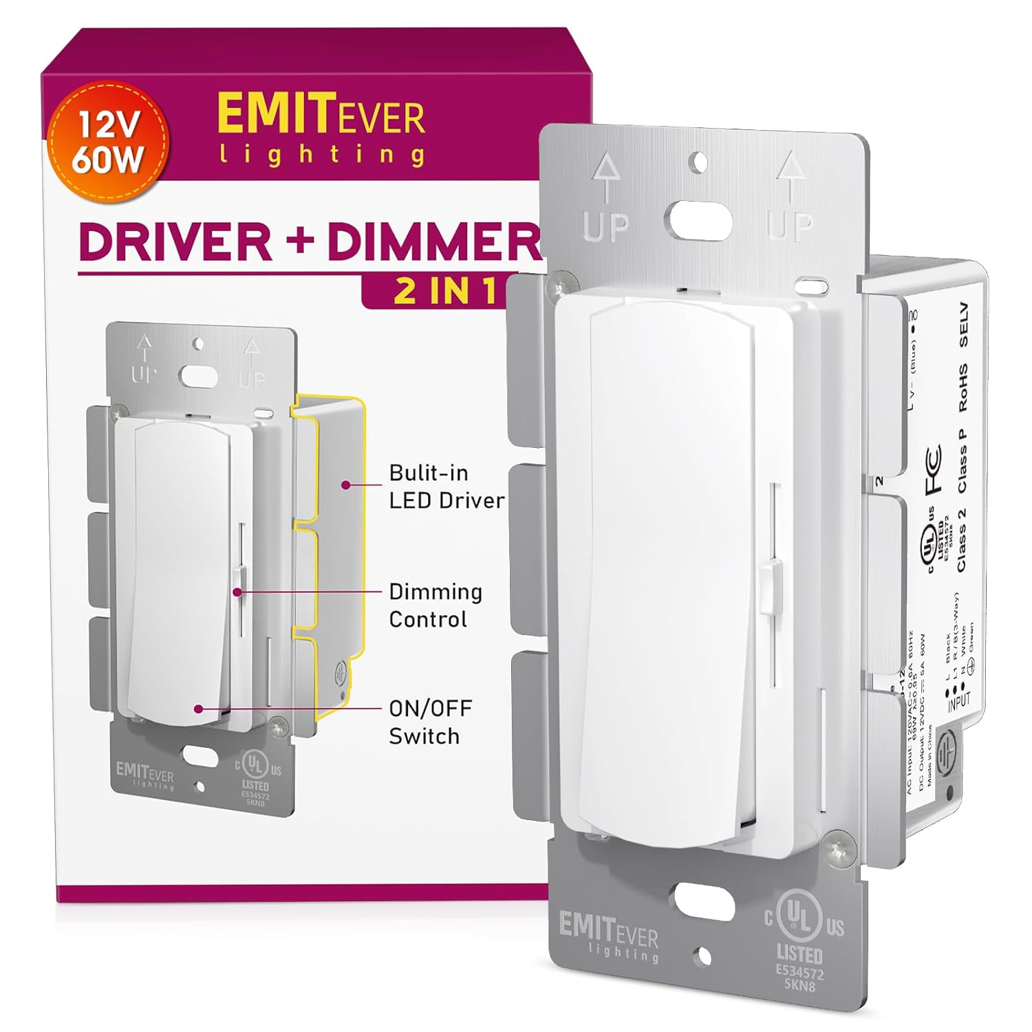 Dimmer Light Switch 24V Dimmable LED Driver 2 in 1, 120VAC to 24VDC UL Listed, FCC Single-Pole or 3-Way Slide Dimmer Switch