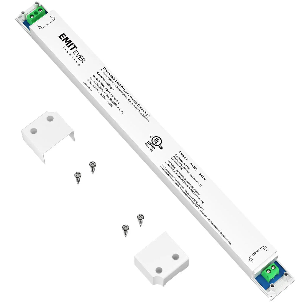 150W Triac Dimmable LED Driver, Power Supply 100-277V AC to 24V DC, 0-100% Dimming Transformer, IP30 Emitever