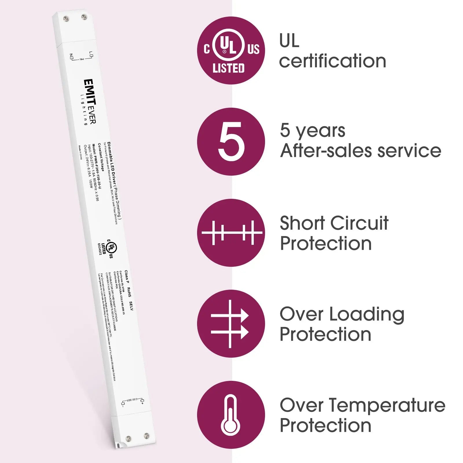 150W Triac Dimmable LED Driver, Power Supply 100-277V AC to 24V DC, 0-100% Dimming Transformer, IP30 Emitever