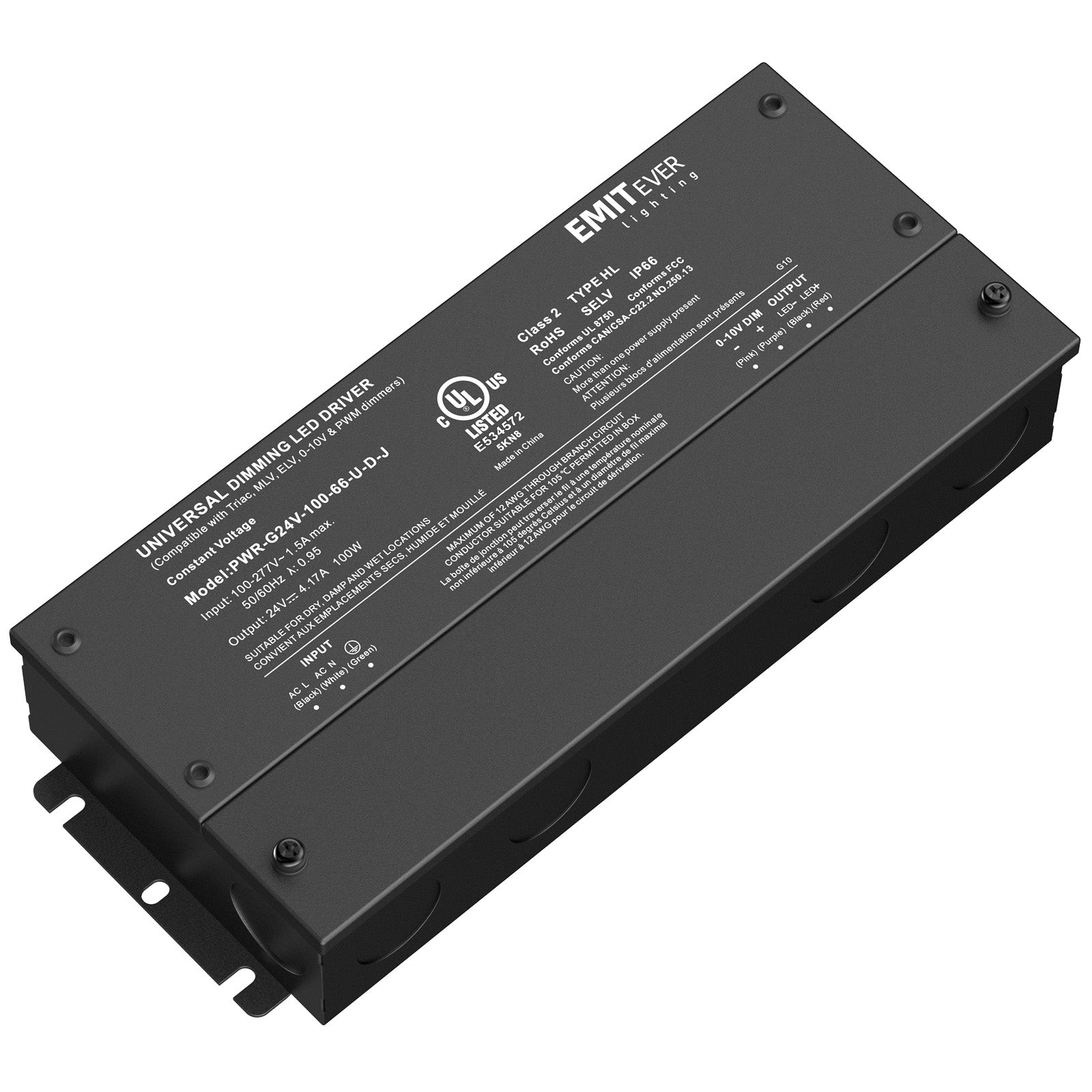 100W Dimmable LED Driver, AC 110V-277V to DC 24V Transformer, 5-in-1 Dimming, IP66