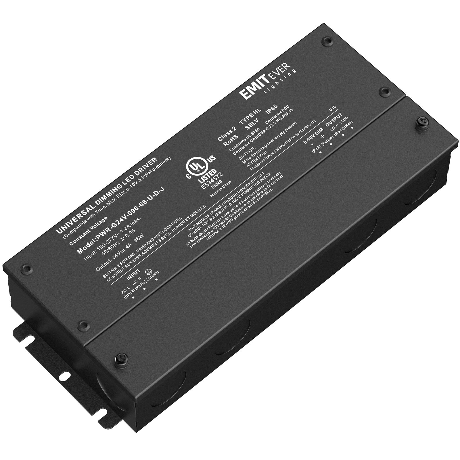 96W Dimmable LED Driver, AC 110V-277V to DC 24V Transformer, 5-in-1 Dimming, IP66