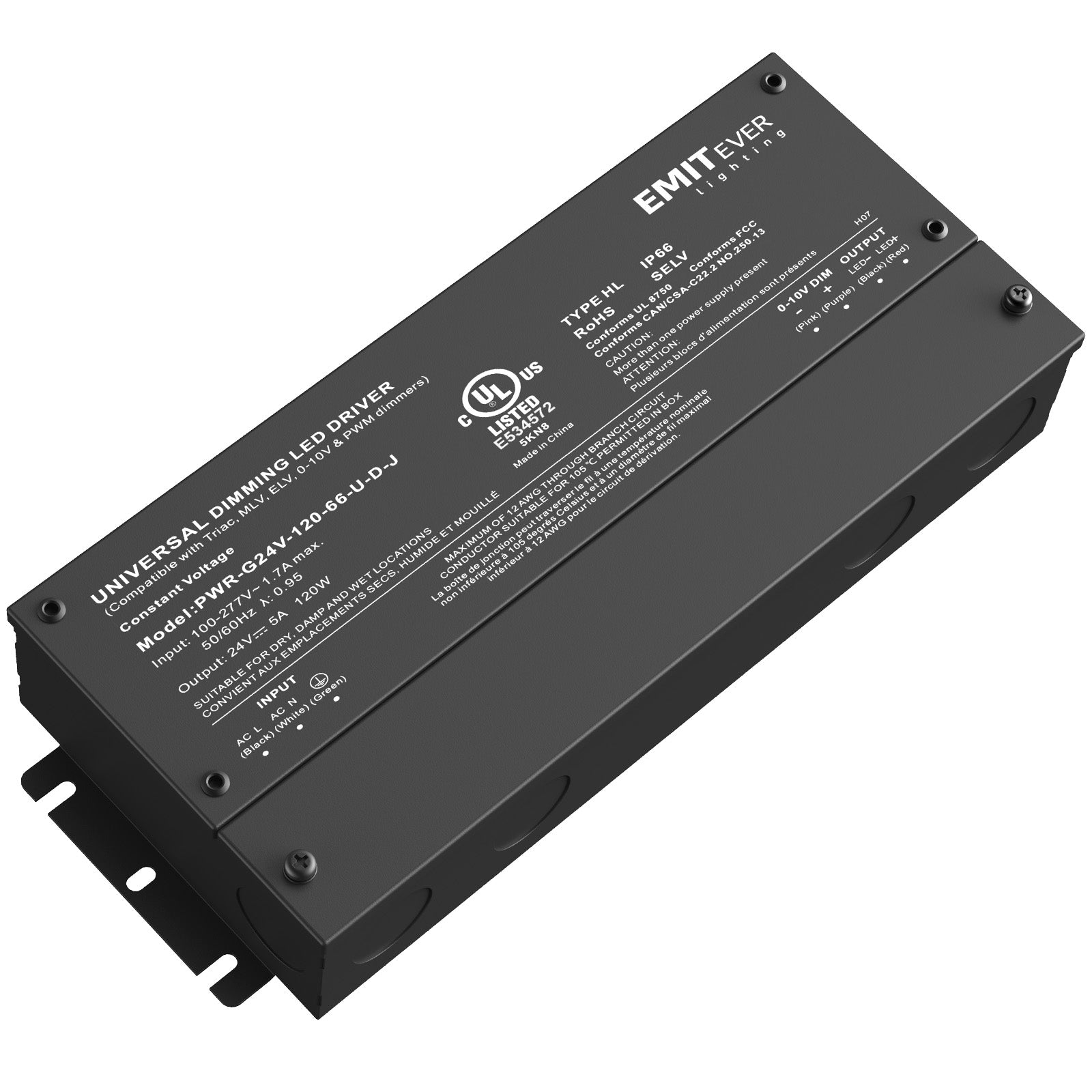 120W Dimmable LED Driver, AC 110V-277V to DC 24V Transformer, 5-in-1 Dimming, IP66