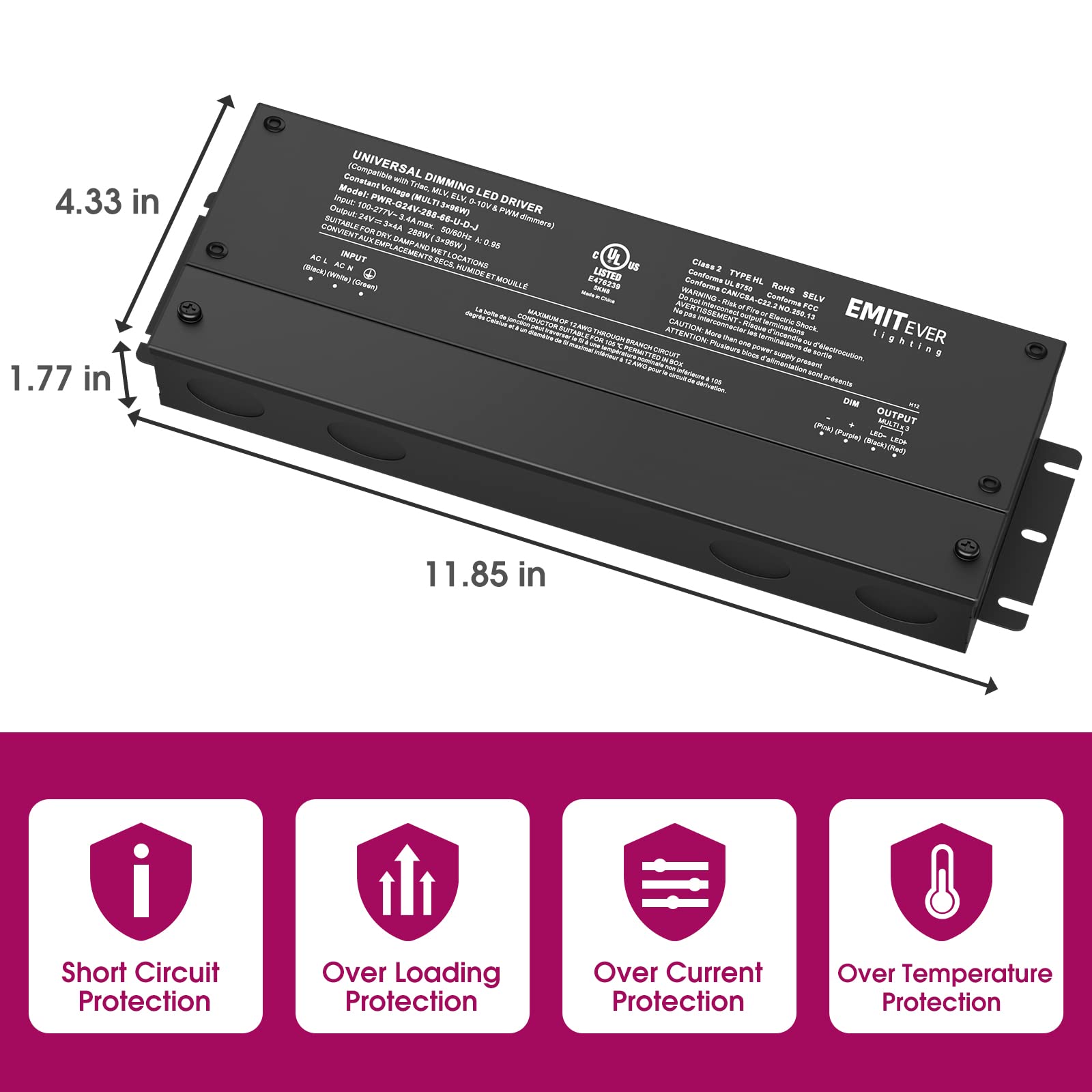 Emitever 288W Dimmable LED Driver, 24V 5-in-1 Dimmable Power Supply Emitever