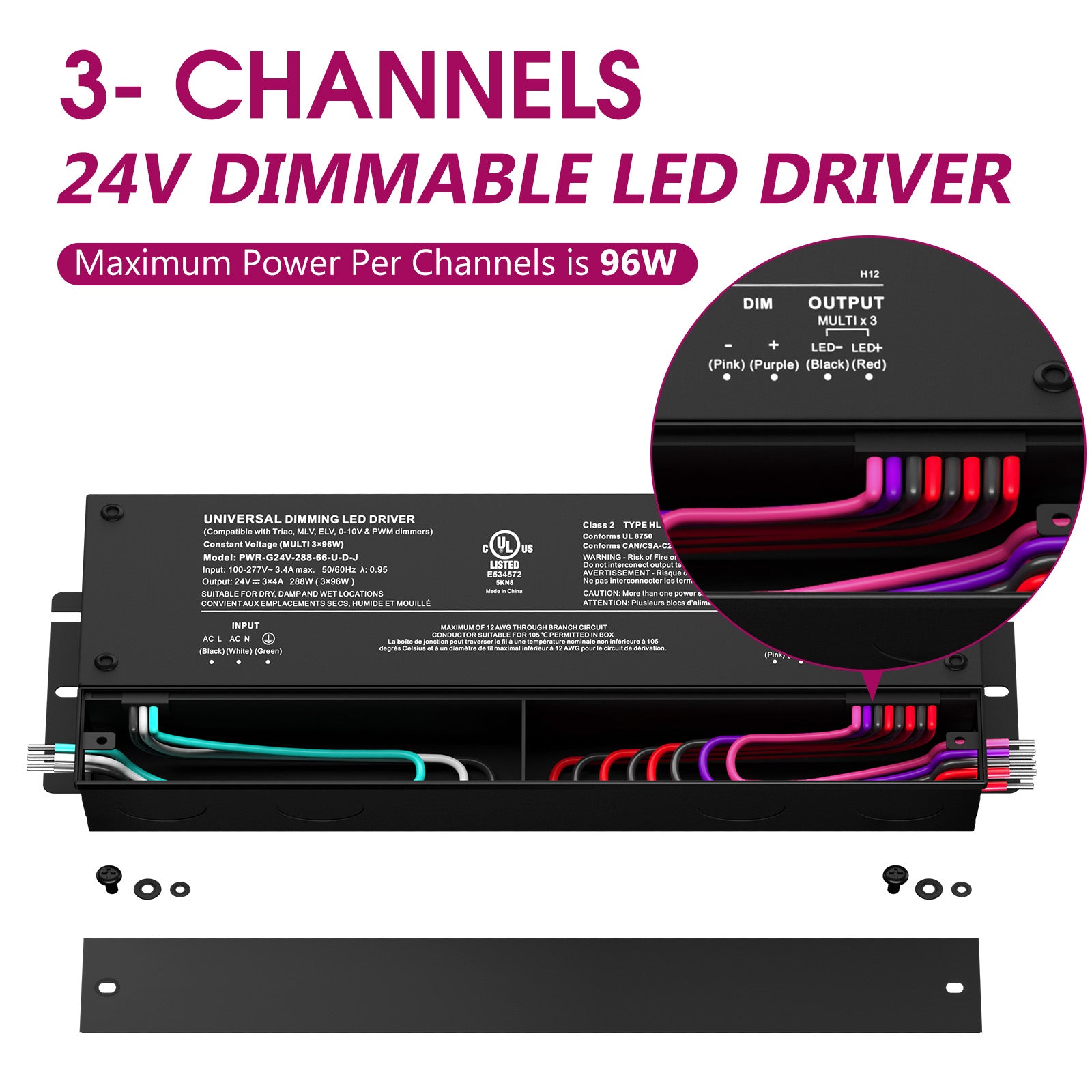 288W Dimmable LED Driver, AC 110V-277V to DC 24V Transformer, 5-in-1 Dimming, IP66