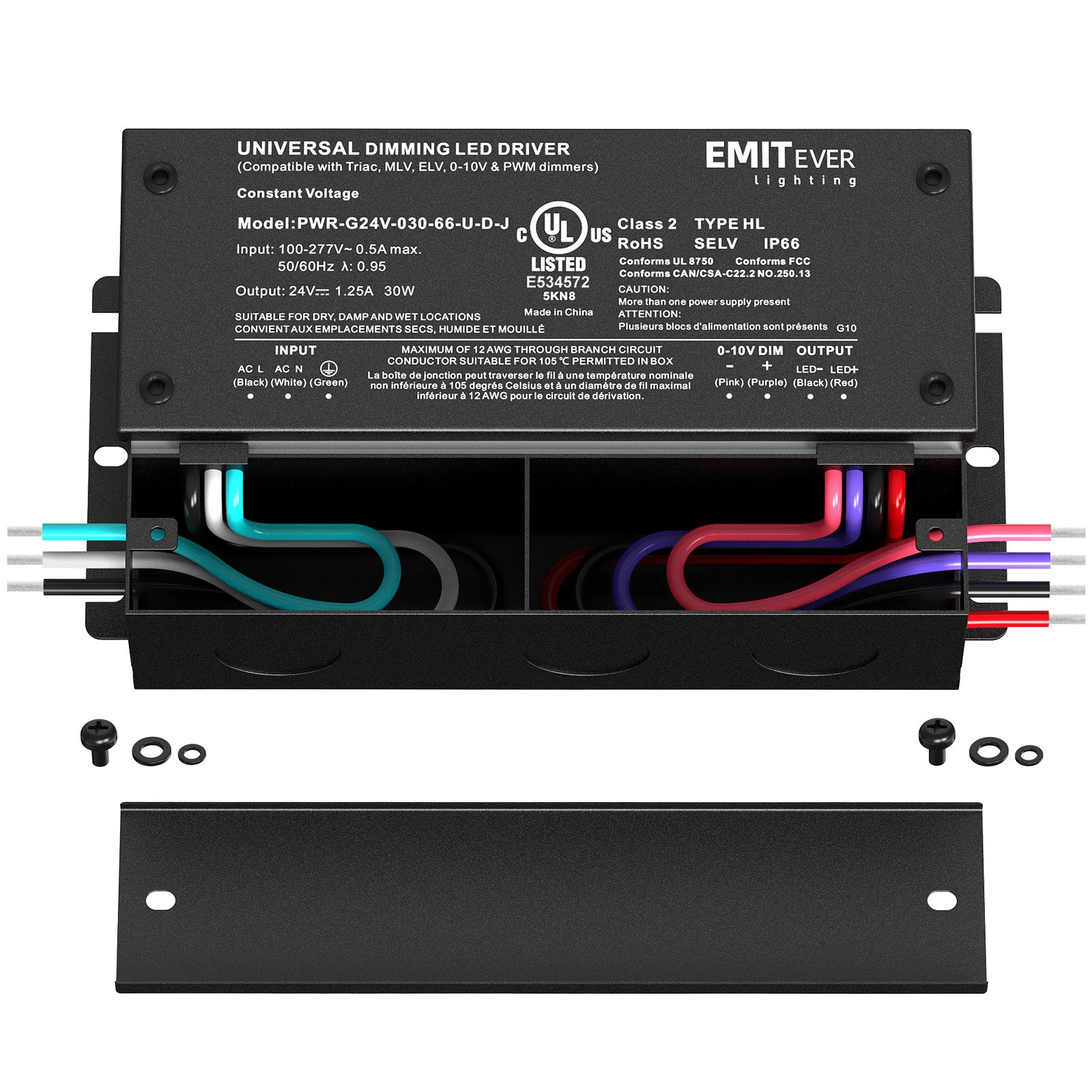 30W Dimmable LED Driver, AC 110V-277V to DC 24V Transformer, 5-in-1 Dimming, IP66