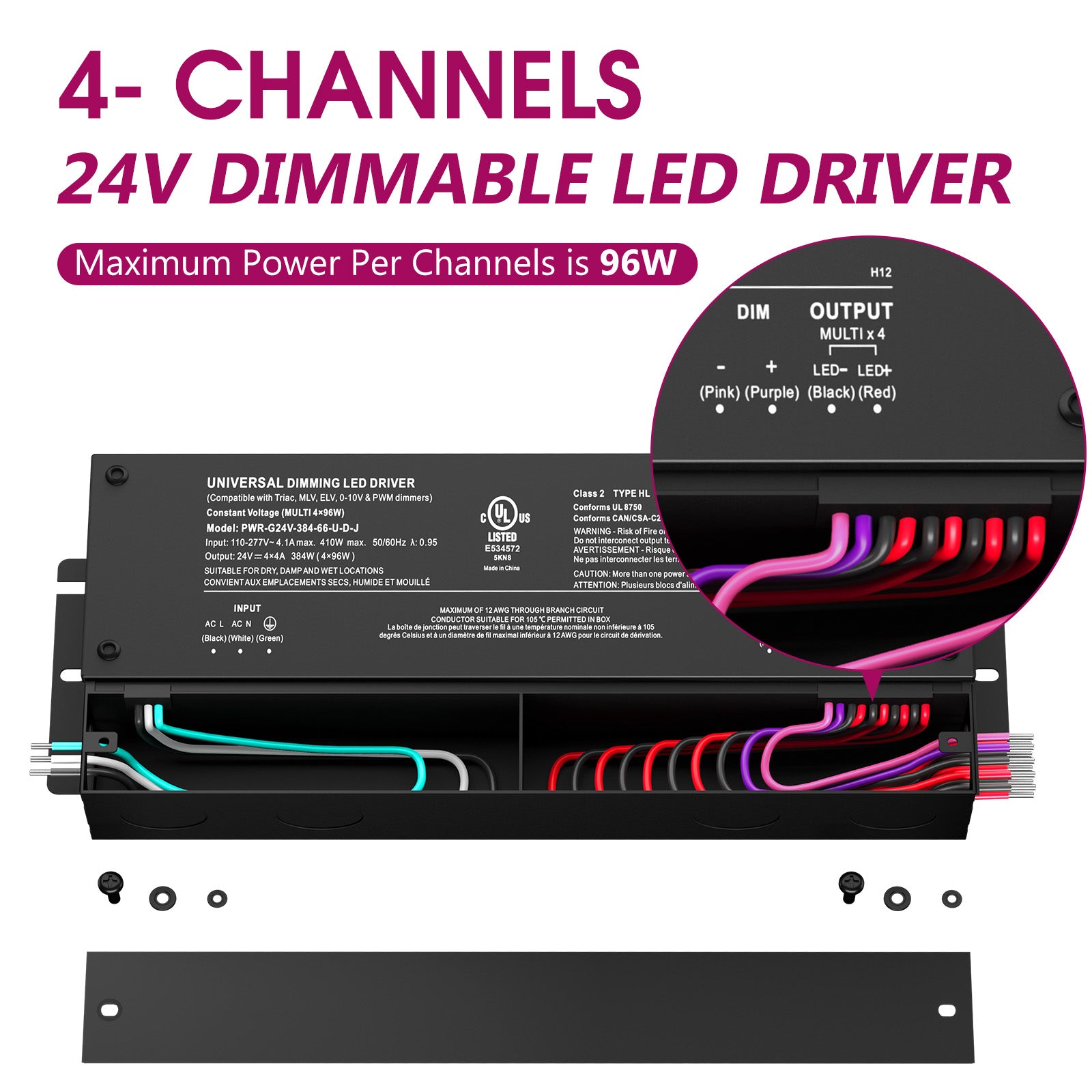 384W Dimmable LED Driver, AC 110V-277V to DC 24V Transformer, 5-in-1 Dimming, IP66