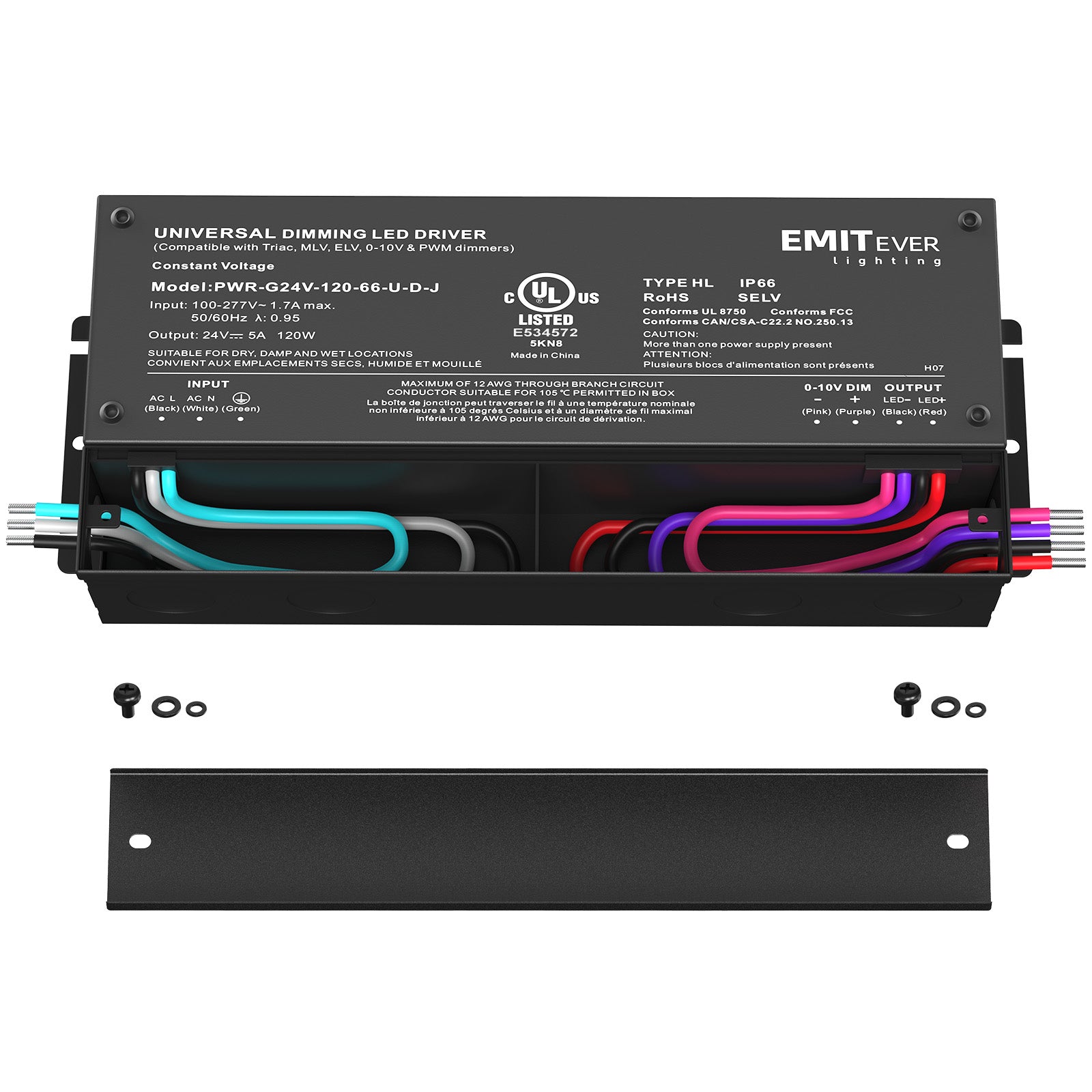 120W Dimmable LED Driver, AC 110V-277V to DC 24V Transformer, 5-in-1 Dimming, IP66