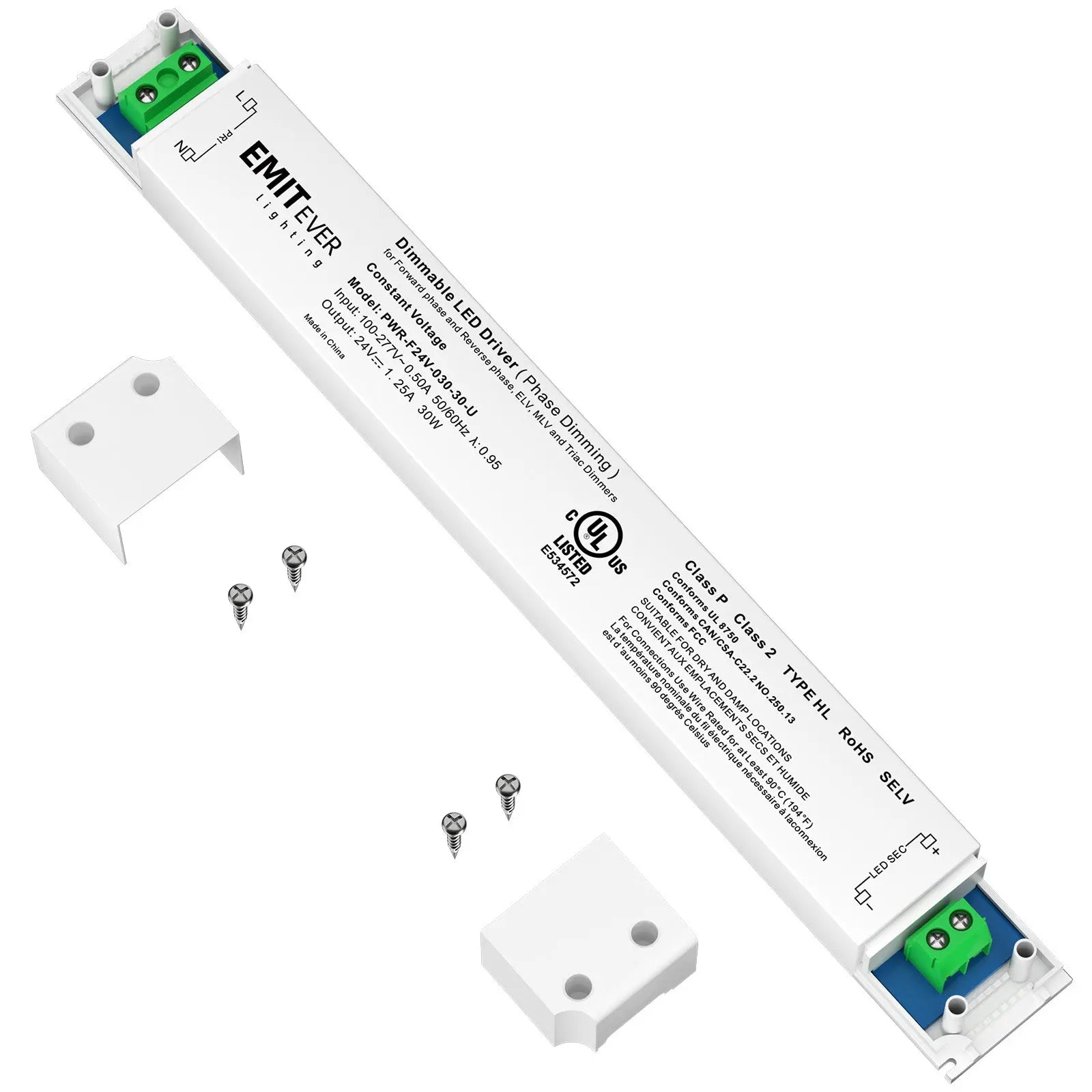 30W Traic Dimmable LED Driver, Power Supply 100-277V AC to 24V DC, 0-100% Dimming Transformer, IP30 Emitever
