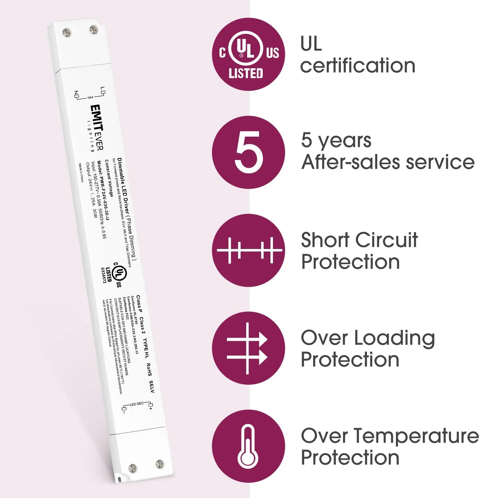 30W Traic Dimmable LED Driver, Power Supply 100-277V AC to 24V DC, 0-100% Dimming Transformer, IP30 Emitever