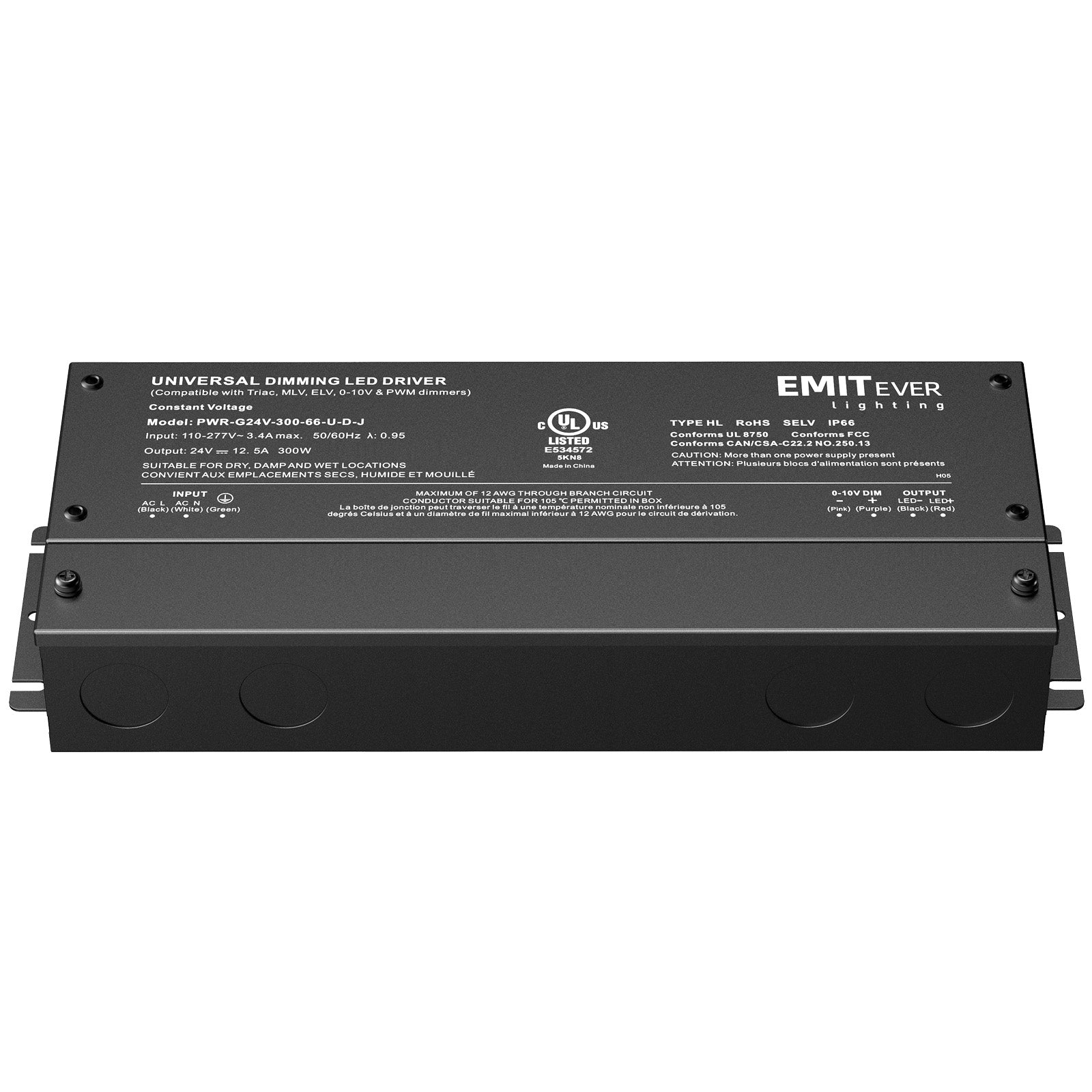 300W Dimmable Led Driver, AC 110V-277V to DC 24V Transformer, 5-in-1 Dimming, IP66