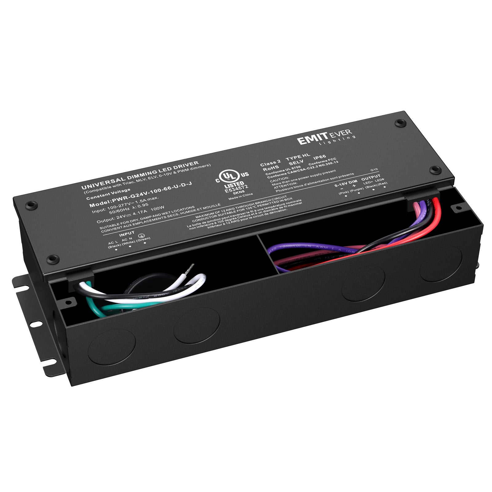 100W Dimmable LED Driver, AC 110V-277V to DC 24V Transformer, 5-in-1 Dimming, IP66