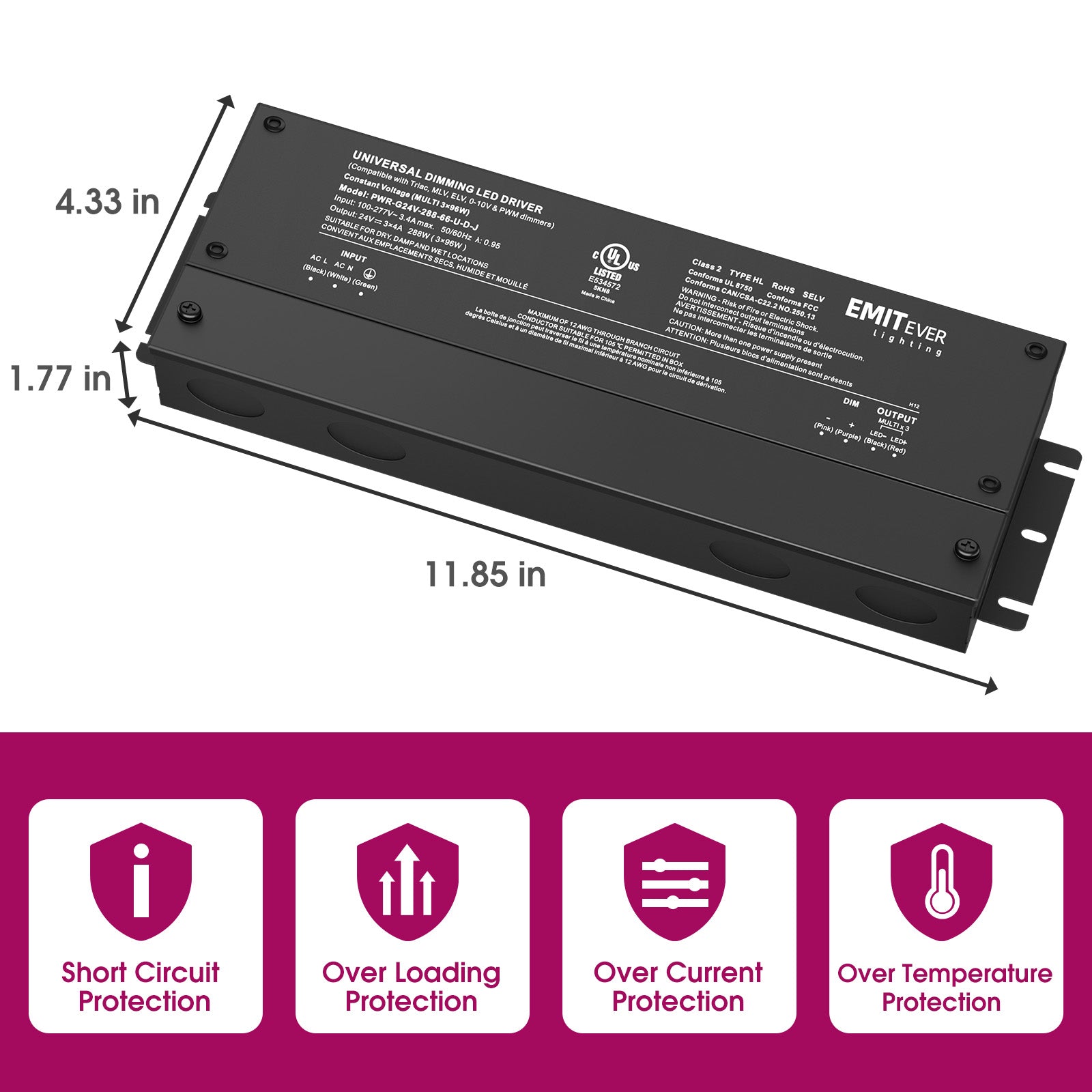 288W Dimmable LED Driver, AC 110V-277V to DC 24V Transformer, 5-in-1 Dimming, IP66