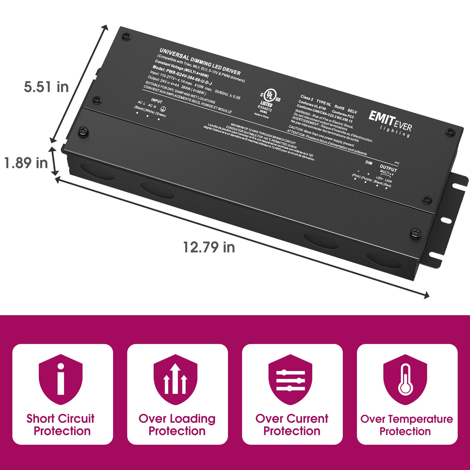 384W Dimmable LED Driver, AC 110V-277V to DC 24V Transformer, 5-in-1 Dimming, IP66