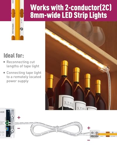 LED Strip Light Connectors, 2 Pin Tighten Screw Transparent, Strip to Strip Connector / Extension Connector, for 8mm Width LED Strip Lights, 12 Pack / 2 Pack