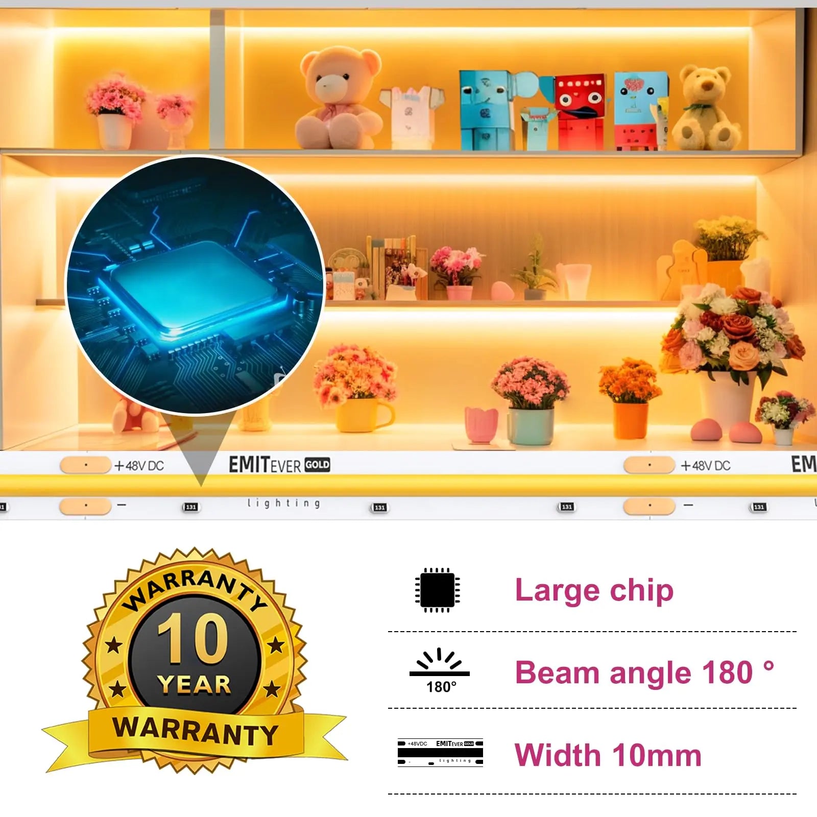 48V DC COB LED Strip Lights Warm White, 3000K 32.8ft High Density, 300Lm/ft, 4500LEDs, Ra 90+, UL Listed + 48V DC 384W 5 in 1 Dimmable LED Driver Emitever