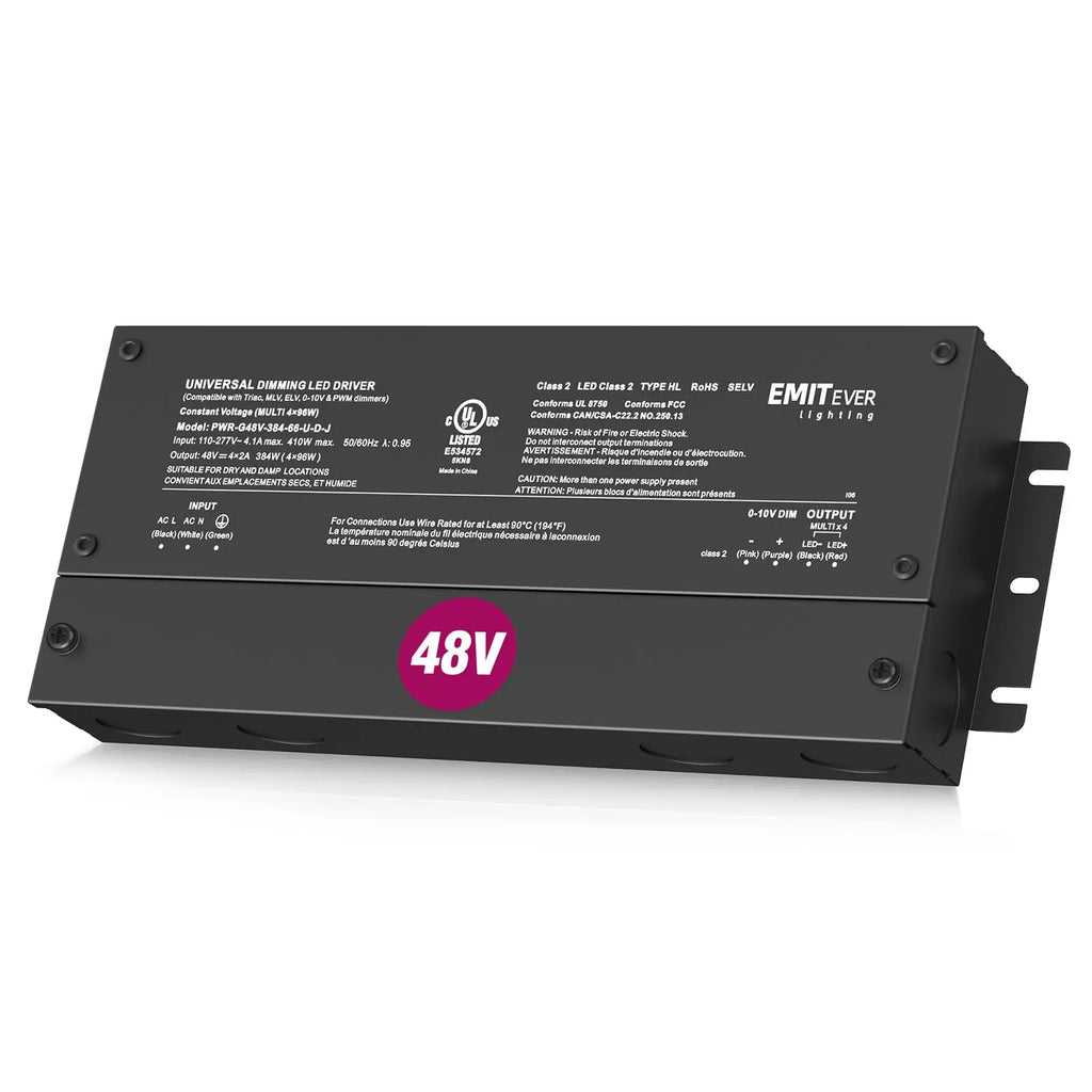 48V Dimmable LED Driver, AC 110V-277V to DC 48V Transformer, 5-in-1 Dimming, IP67, UL Listed 192W / 288W / 384W Emitever