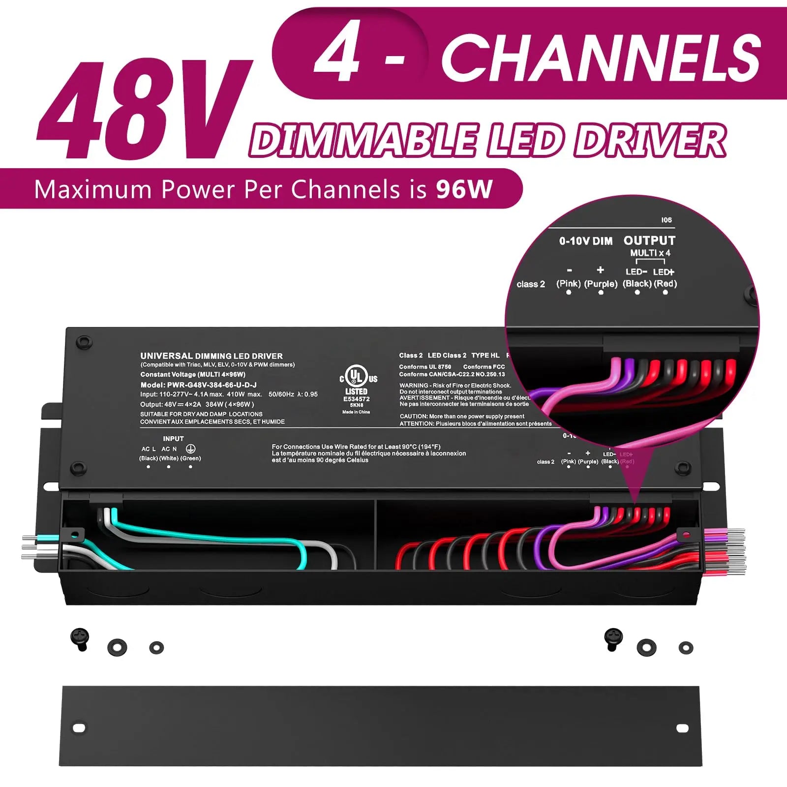 48V Dimmable LED Driver, AC 110V-277V to DC 48V Transformer, 5-in-1 Dimming, IP67, UL Listed 192W / 288W / 384W Emitever