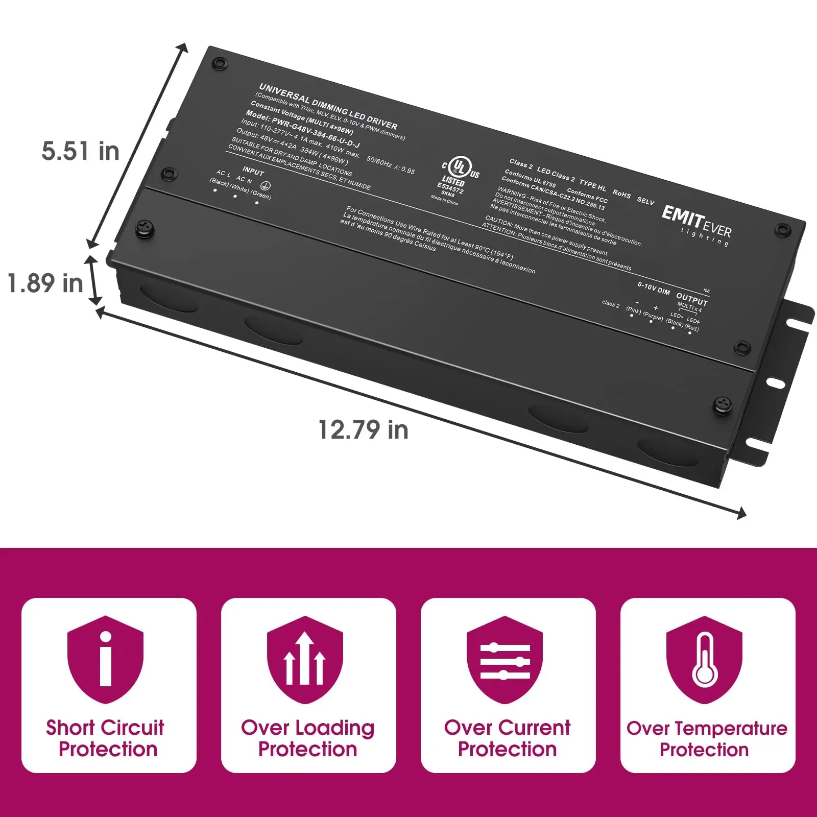 48V Dimmable LED Driver, AC 110V-277V to DC 48V Transformer, 5-in-1 Dimming, IP67, UL Listed 192W / 288W / 384W Emitever