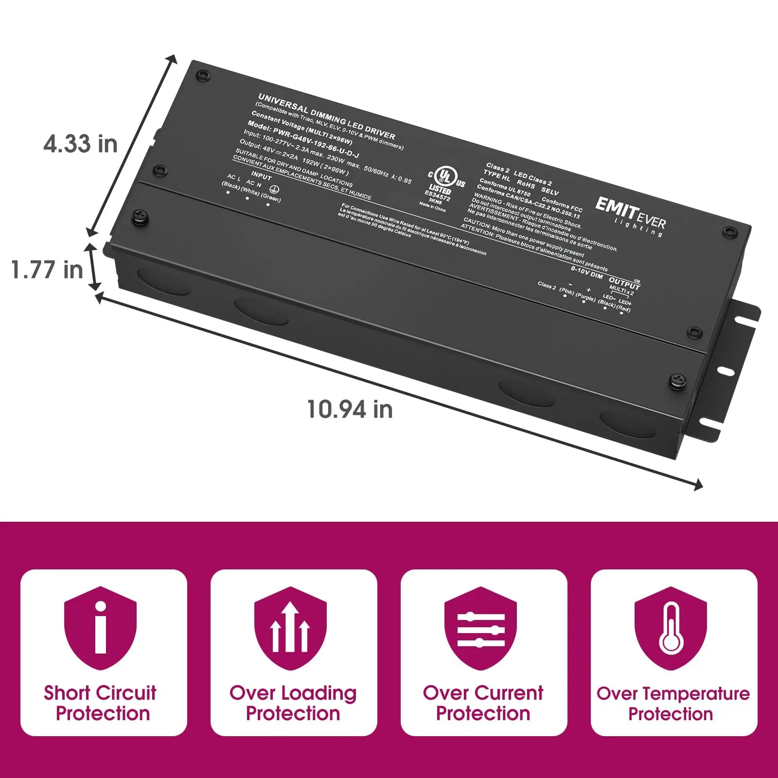 48V Dimmable LED Driver, AC 110V-277V to DC 48V Transformer, 5-in-1 Dimming, IP67, UL Listed 192W / 288W / 384W Emitever