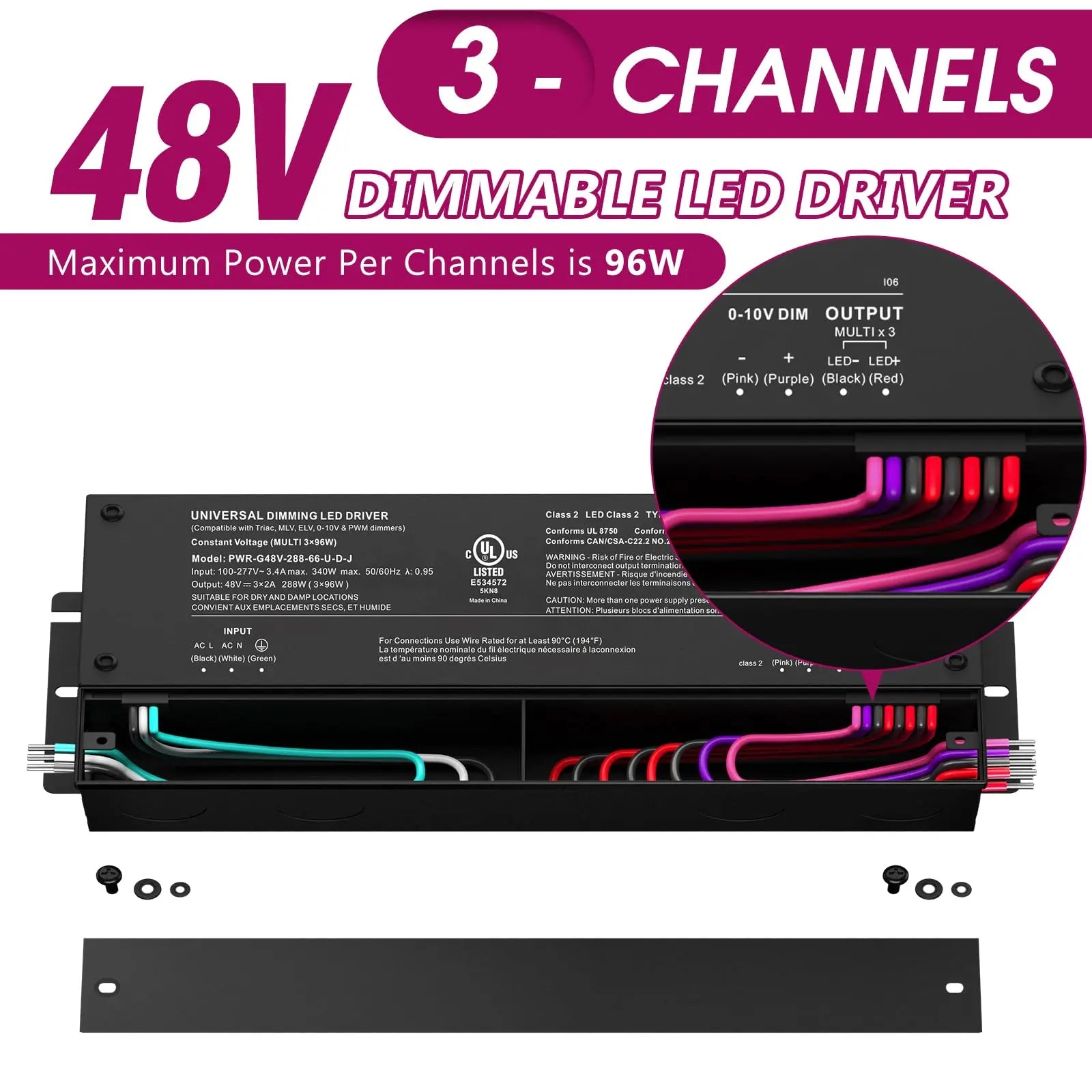 48V Dimmable LED Driver, AC 110V-277V to DC 48V Transformer, 5-in-1 Dimming, IP67, UL Listed 192W / 288W / 384W Emitever