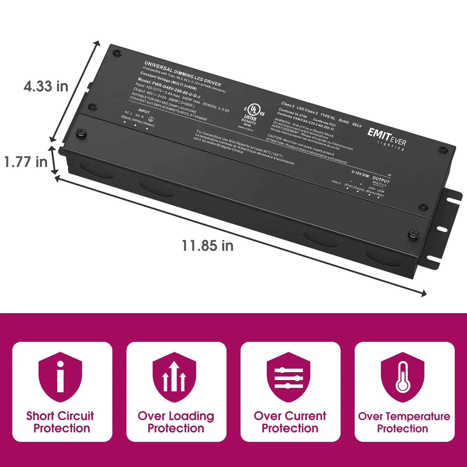 48V Dimmable LED Driver, AC 110V-277V to DC 48V Transformer, 5-in-1 Dimming, IP67, UL Listed 192W / 288W / 384W Emitever