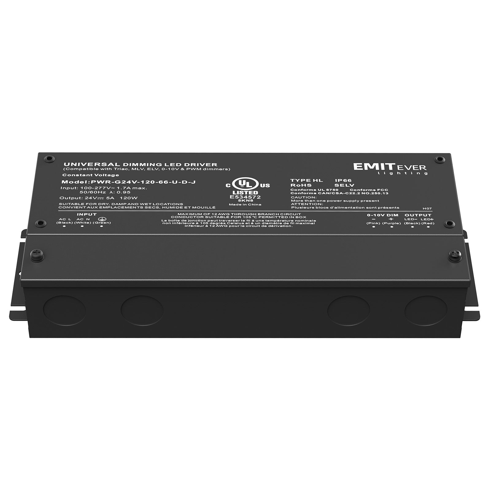 120W Dimmable LED Driver, AC 110V-277V to DC 24V Transformer, 5-in-1 Dimming, IP66