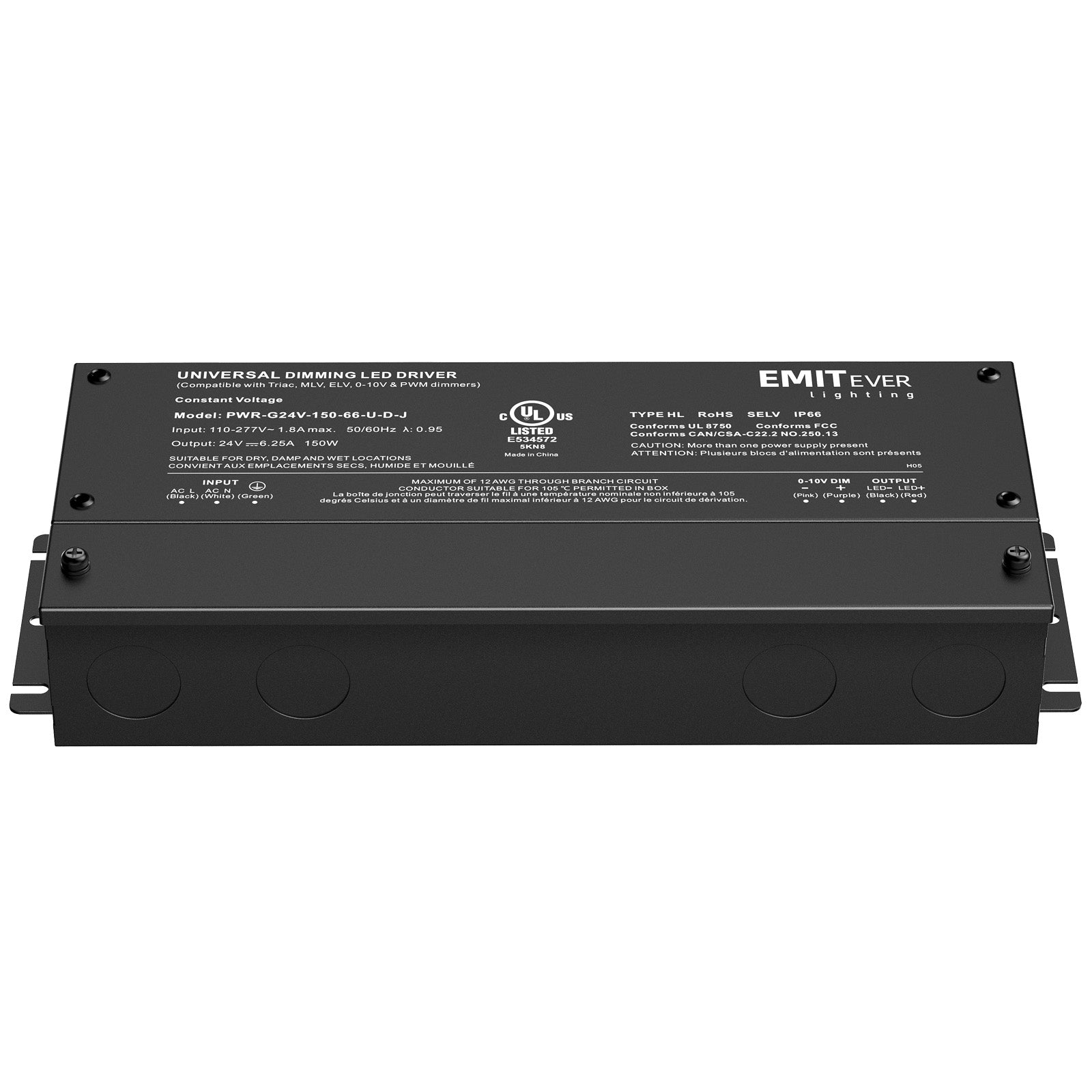 150W Dimmable Led Driver, AC 110V-277V to DC 24V Transformer, 5-in-1 Dimming, IP66