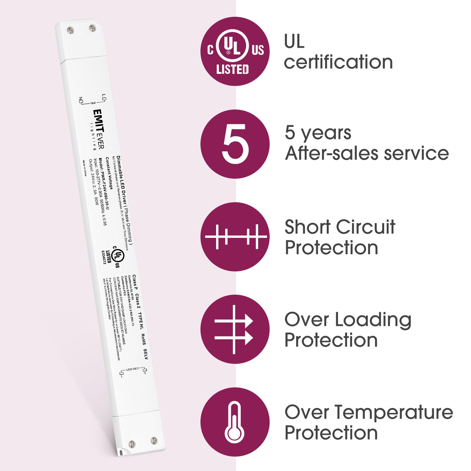 60W Traic Dimmable LED Driver, Power Supply 100-277V AC to 24V DC, 0-100% Dimming Transformer, IP30