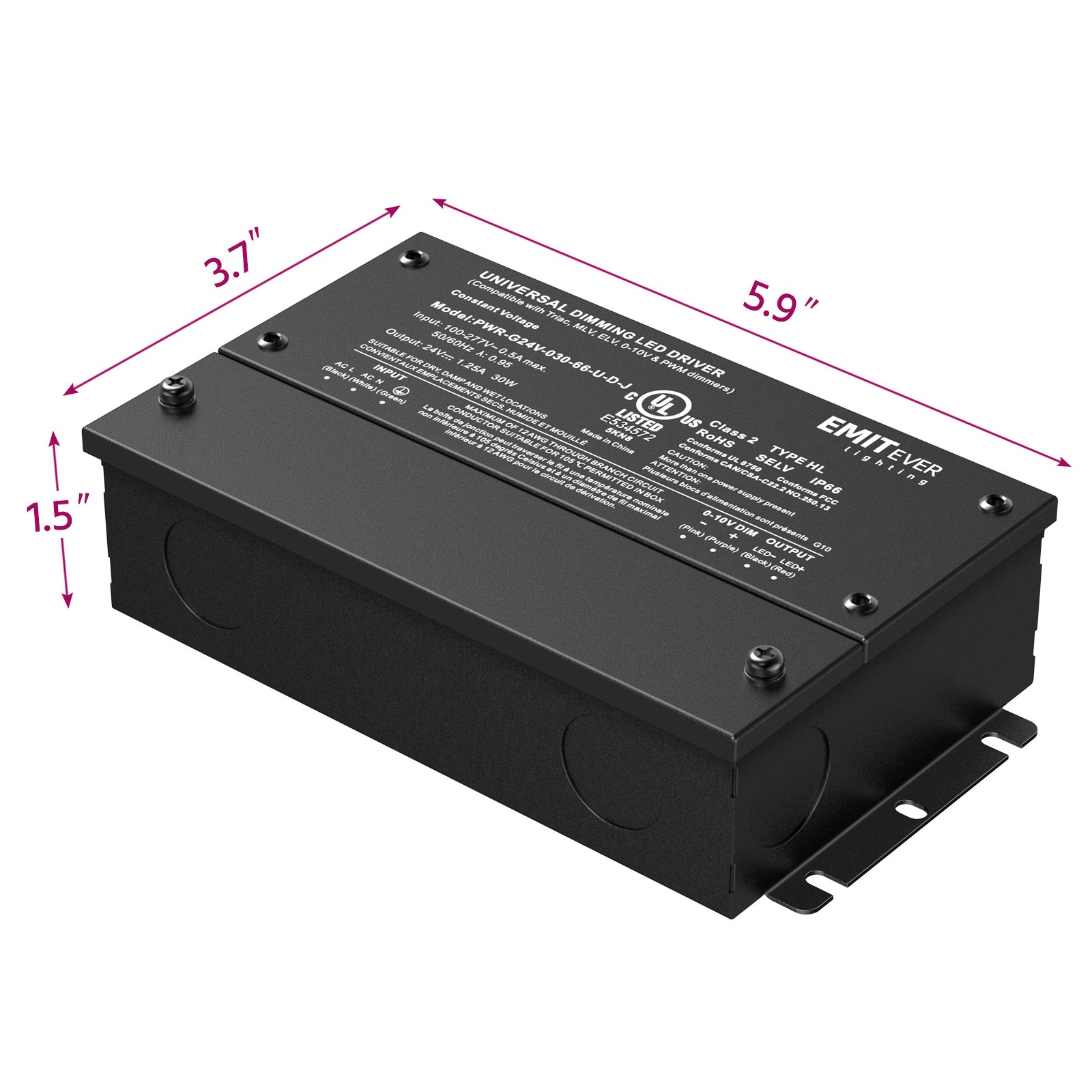 30W Dimmable LED Driver, AC 110V-277V to DC 24V Transformer, 5-in-1 Dimming, IP66