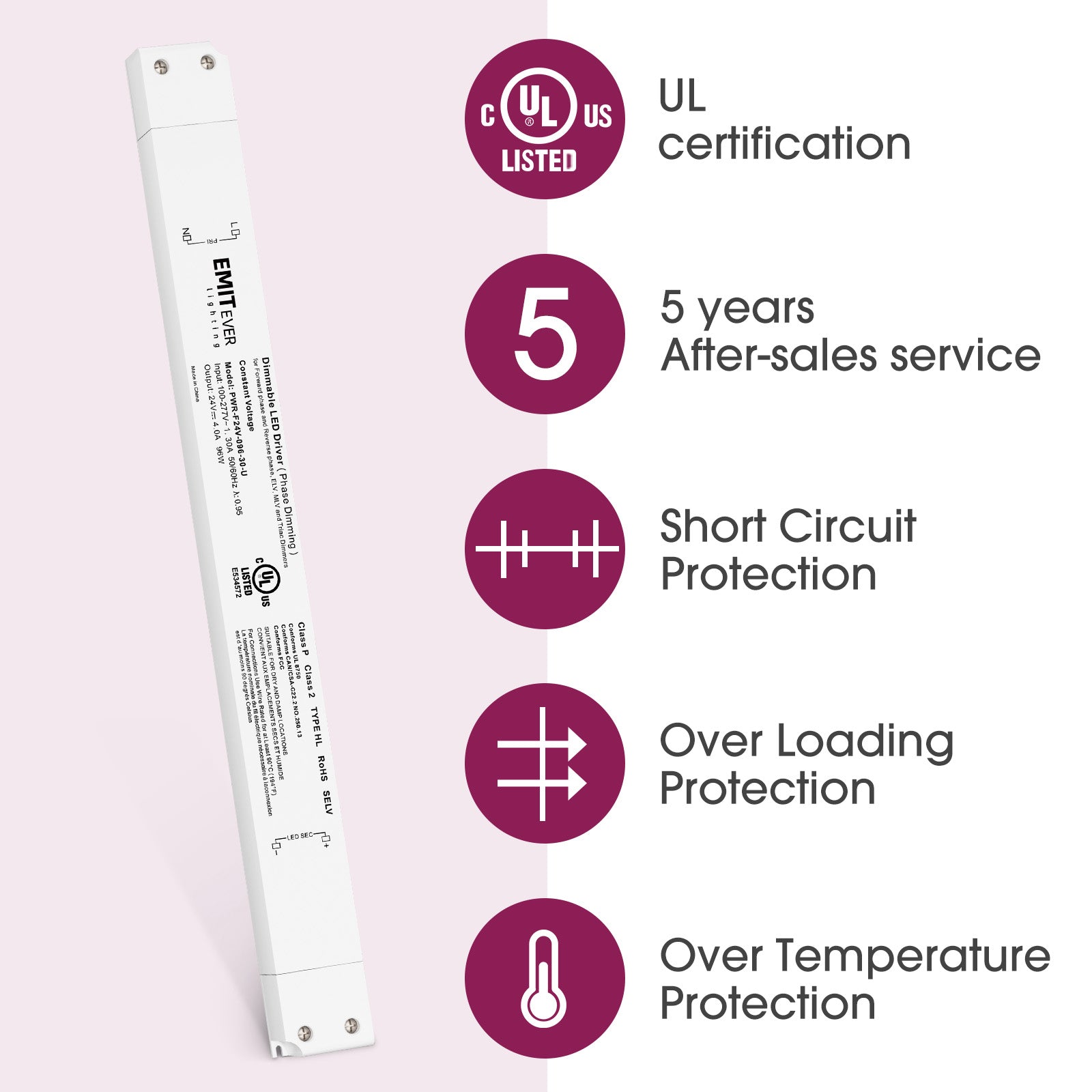 96W Traic Dimmable LED Driver,Power Supply 100-277V AC to 24V DC, 0-100% Dimming Transformer, IP30