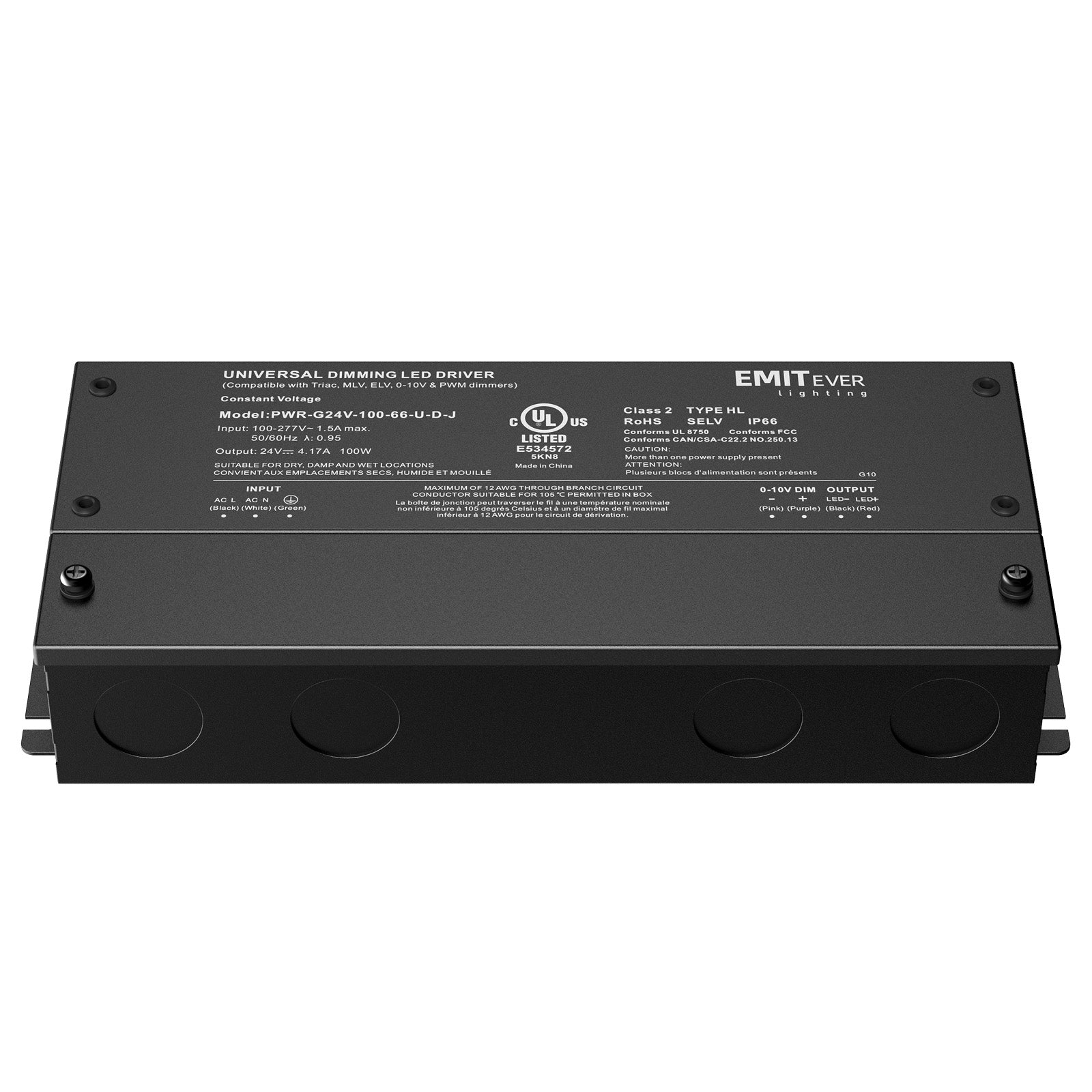 100W Dimmable LED Driver, AC 110V-277V to DC 24V Transformer, 5-in-1 Dimming, IP66