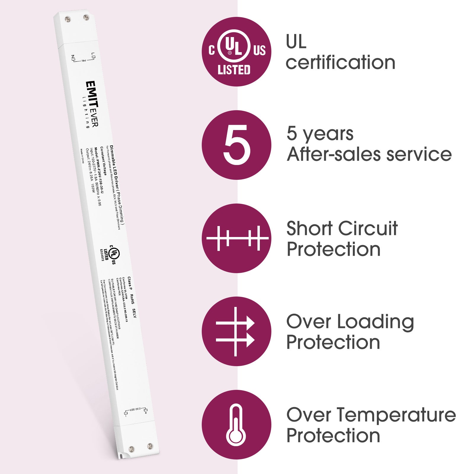 150W Triac Dimmable LED Driver, Power Supply 100-277V AC to 24V DC, 0-100% Dimming Transformer, IP30