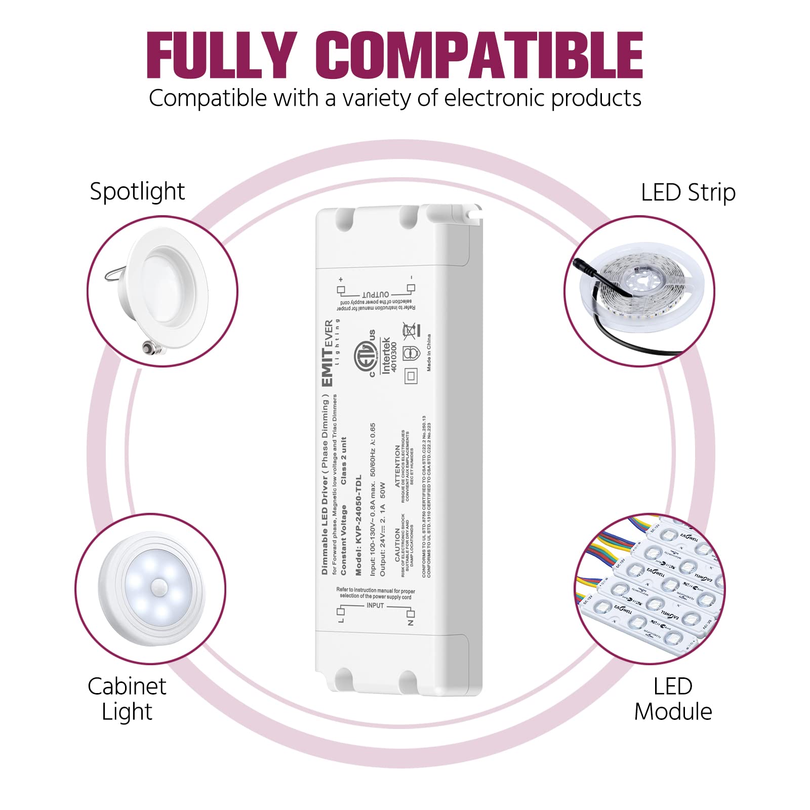 Emitever 50W Triac Dimmable Driver, AC 120V to DC 24V Transformer Emitever