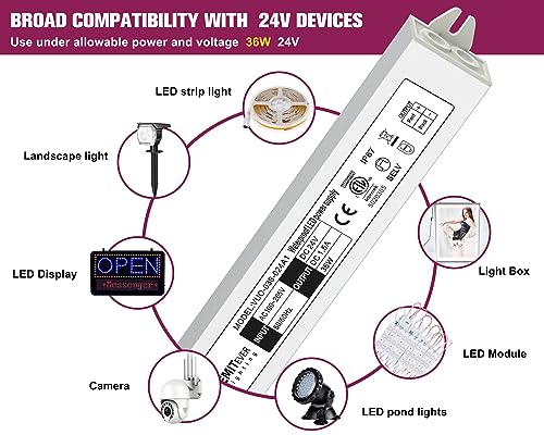24V Power Supply Driver, 120V AC to 24V DC Converter, Transformer, IP67, 12W / 36W / 60W / 100W, 2-Pack / 4 Pack