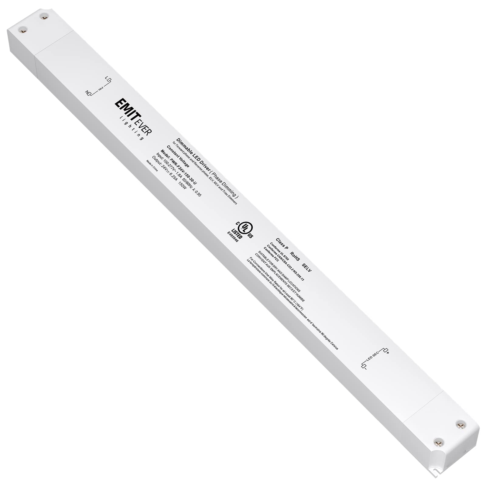 Slim Triac Dimmable LED Driver, 100-277V AC to 24V DC Power Supply, UL Listed 30W / 60W / 96W / 150W, IP30