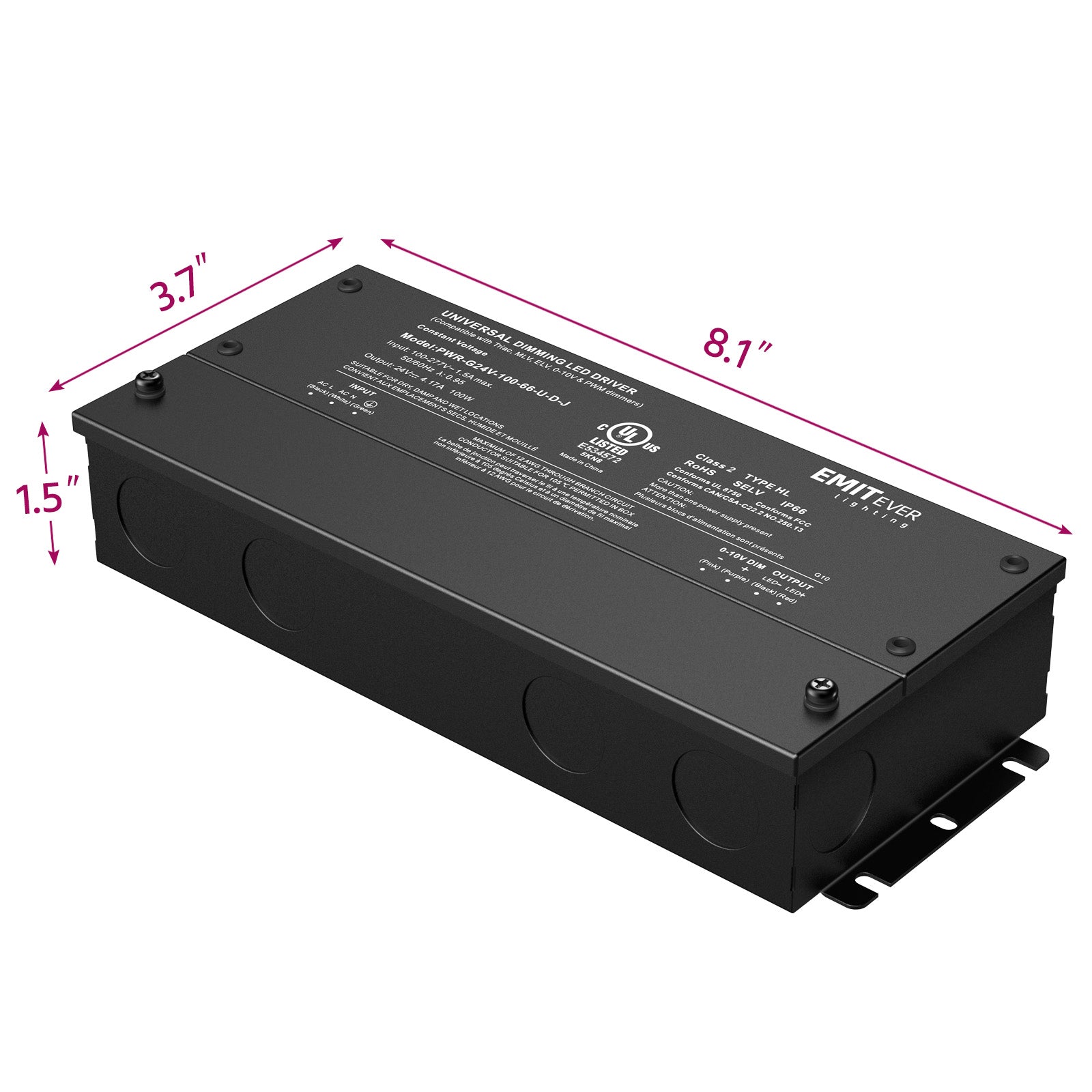 100W Dimmable LED Driver, AC 110V-277V to DC 24V Transformer, 5-in-1 Dimming, IP66