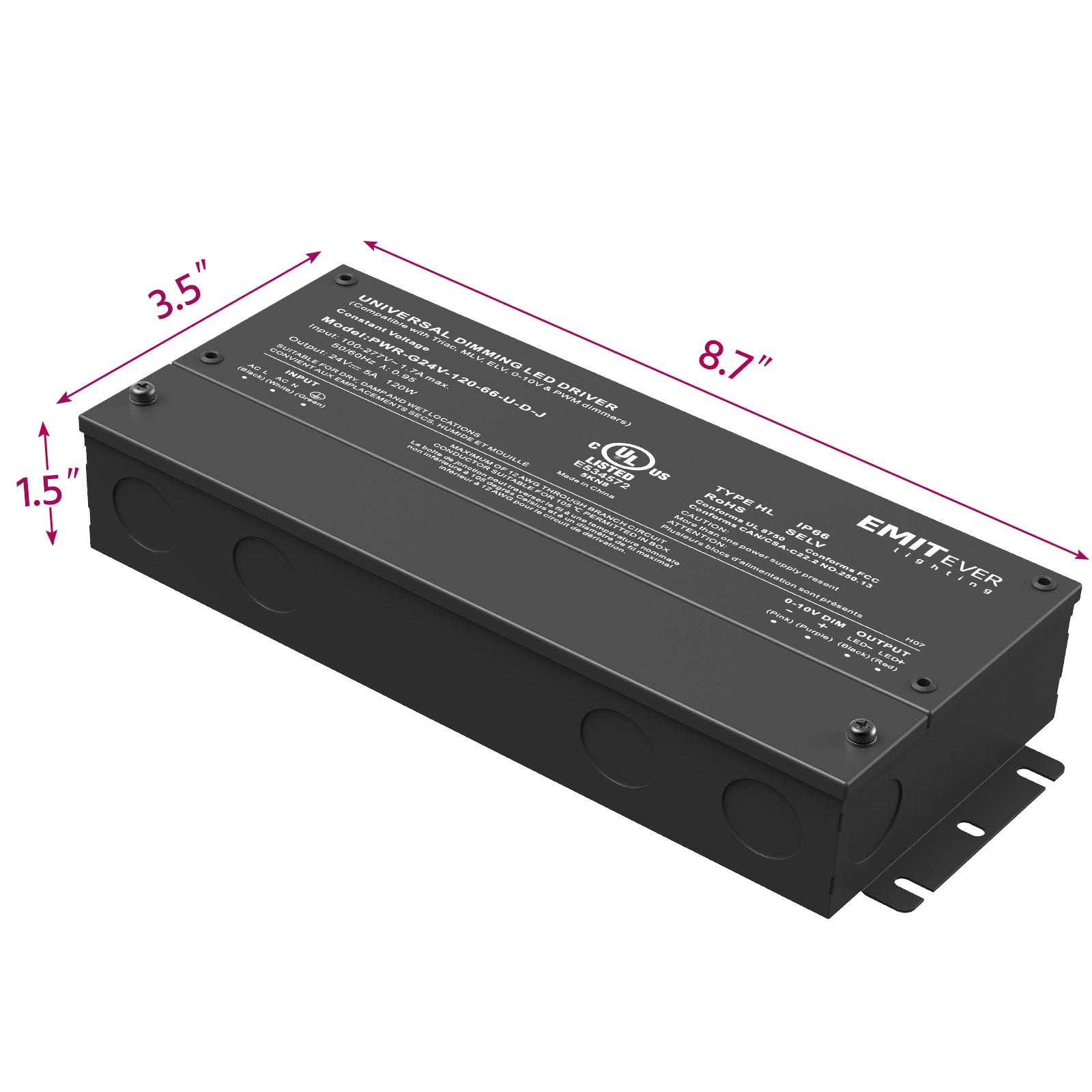 120W Dimmable LED Driver, AC 110V-277V to DC 24V Transformer, 5-in-1 Dimming, IP66