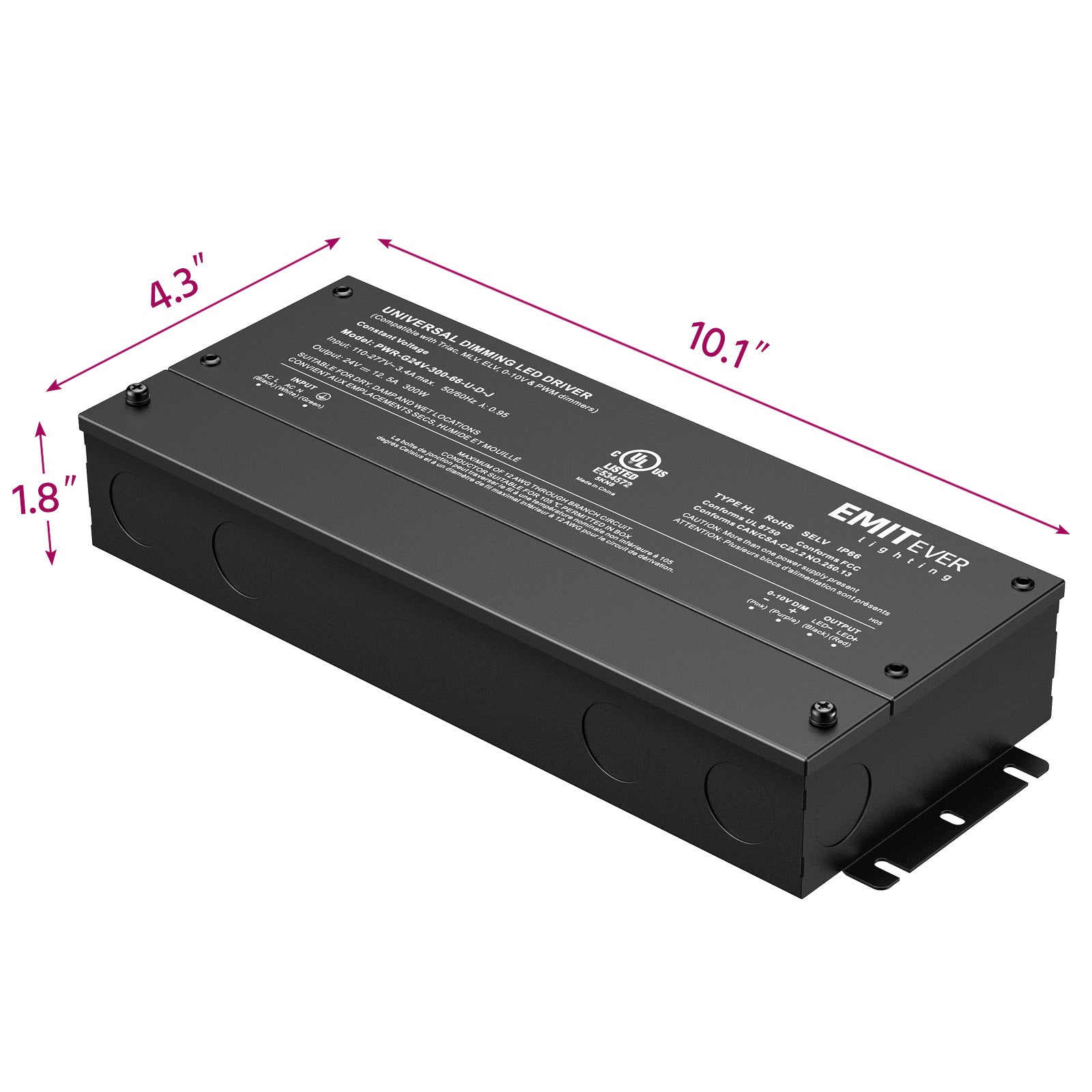 300W Dimmable Led Driver, AC 110V-277V to DC 24V Transformer, 5-in-1 Dimming, IP66